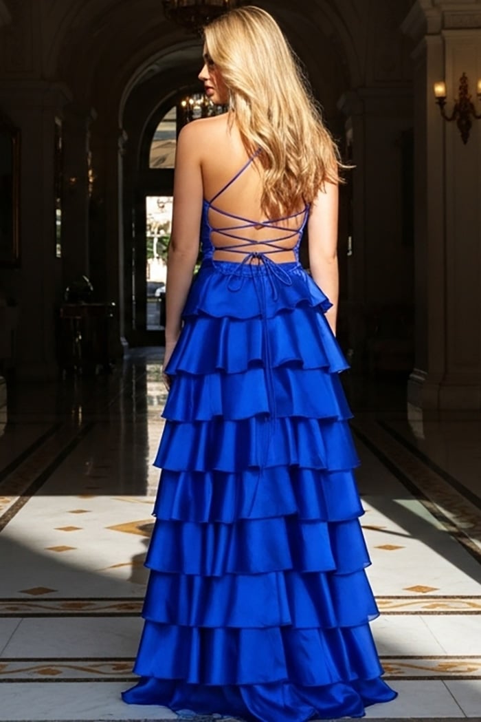 Jovani 48295 Tiered Satin Dress With Spaghetti Straps