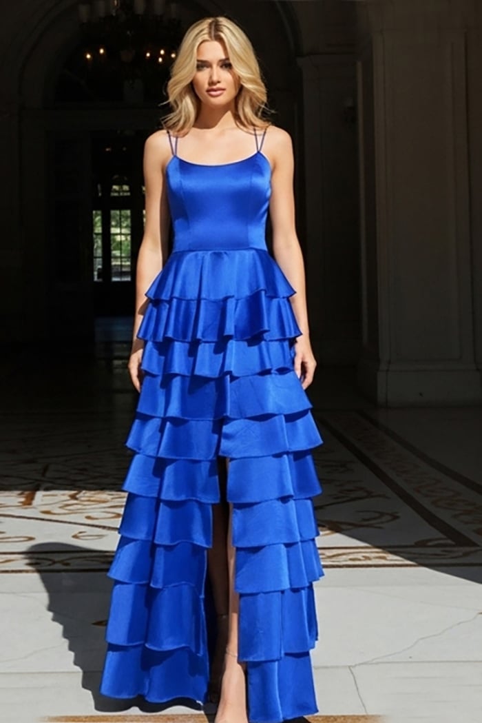 Jovani 48295 Tiered Satin Dress With Spaghetti Straps
