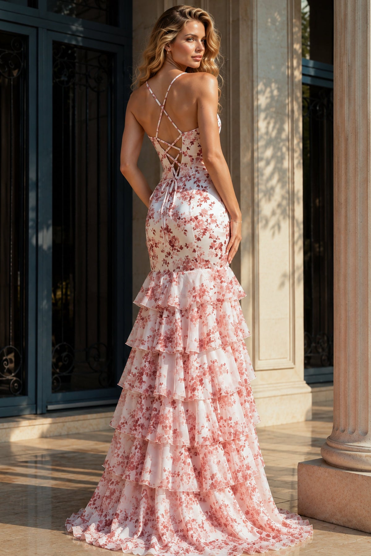 Jovani 48332 Floral Print Mermaid Gown With Lace-Up Back