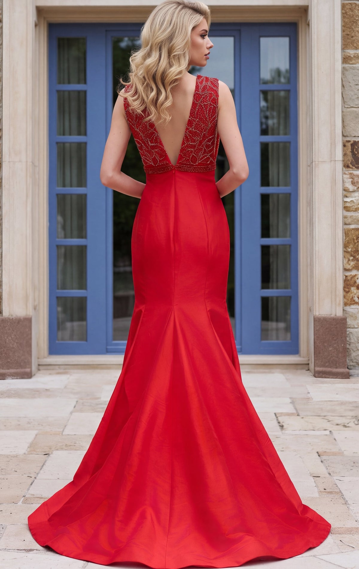 Jovani 48728 Beaded V Neck Spaghetti Strap Taffeta Mermaid Gown