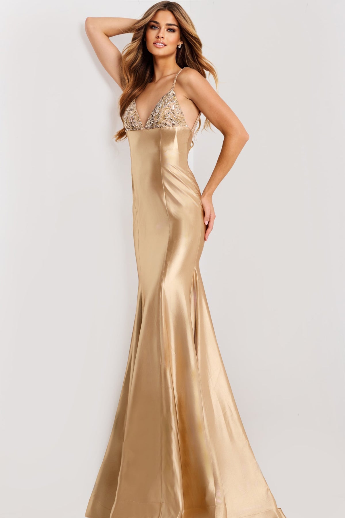 Jovani 48733 Satin Dress With Beaded Bodice