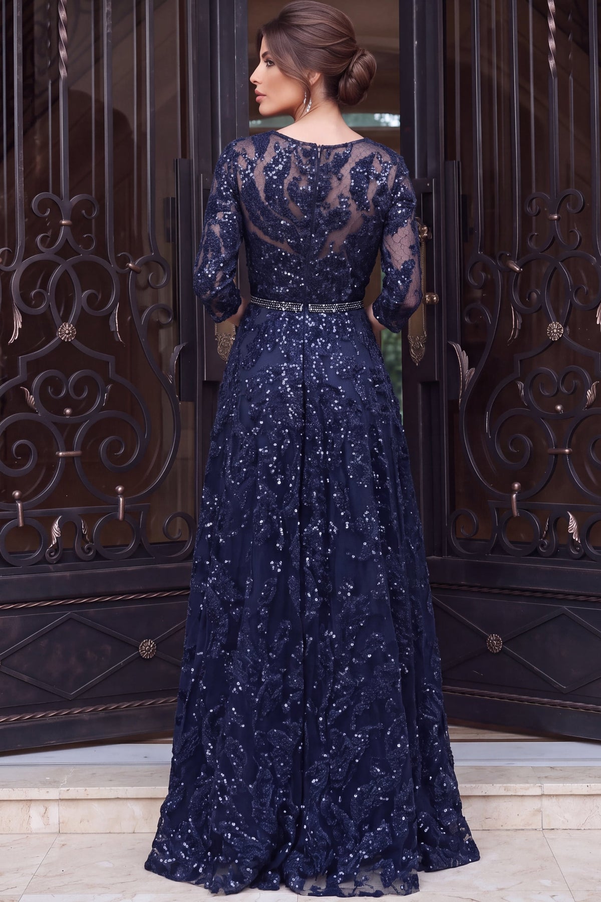 Jovani 48749 V Neck Three Quarter Sleeve Sequin Lace A Line Gown