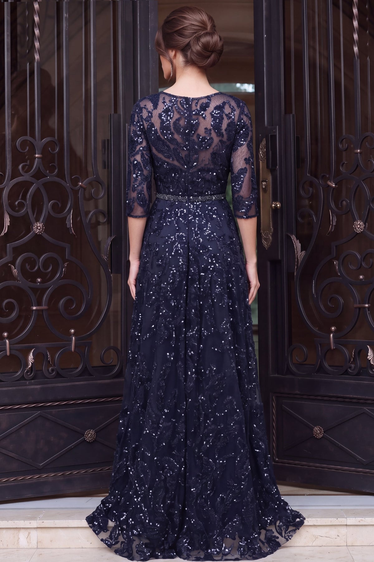 Jovani 48749 V Neck Three Quarter Sleeve Sequin Lace A Line Gown