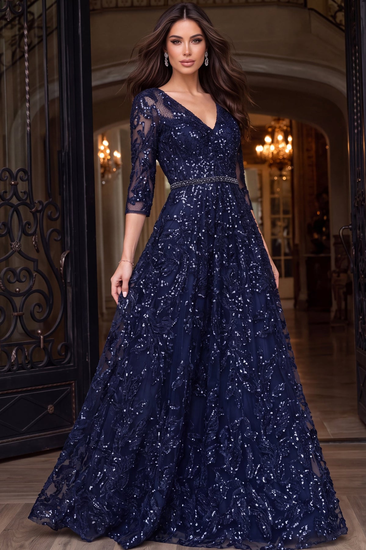 Jovani 48749 V Neck Three Quarter Sleeve Sequin Lace A Line Gown