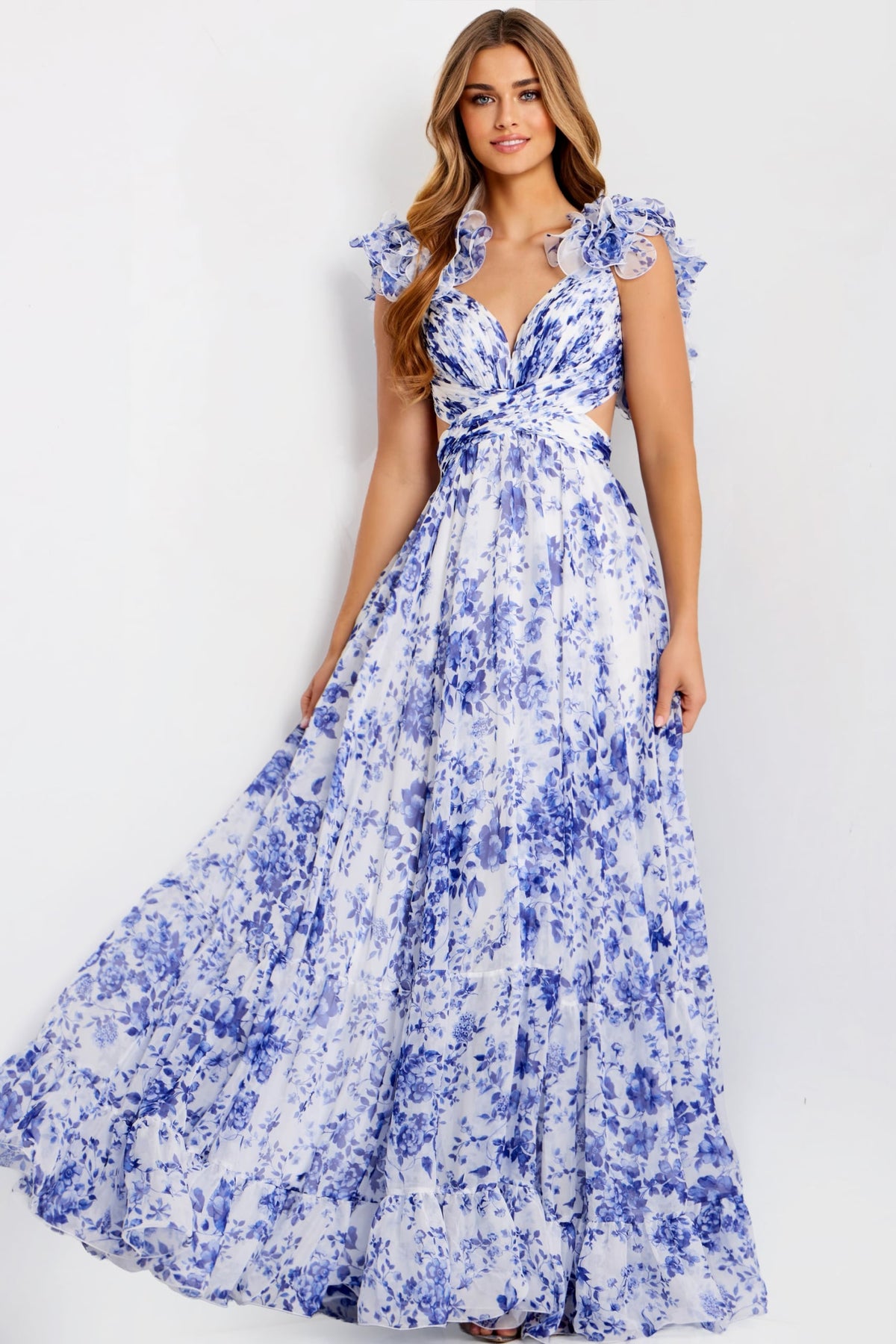 Jovani 49143 Ruffle Shoulder Floral A Line Gown With Cutouts