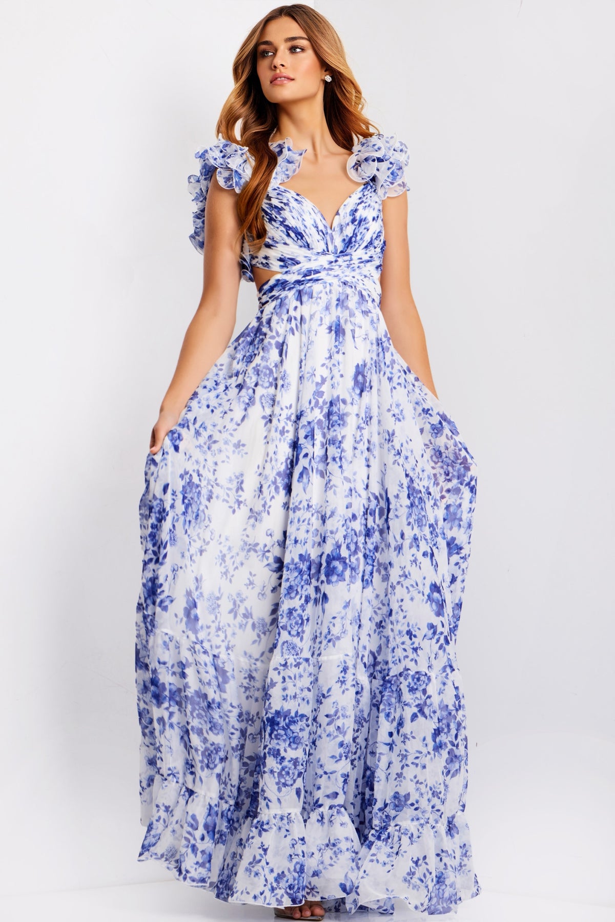 Jovani 49143 Ruffle Shoulder Floral A Line Gown With Cutouts