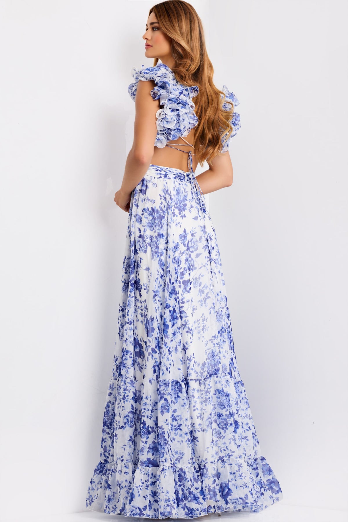 Jovani 49143 Ruffle Shoulder Floral A Line Gown With Cutouts