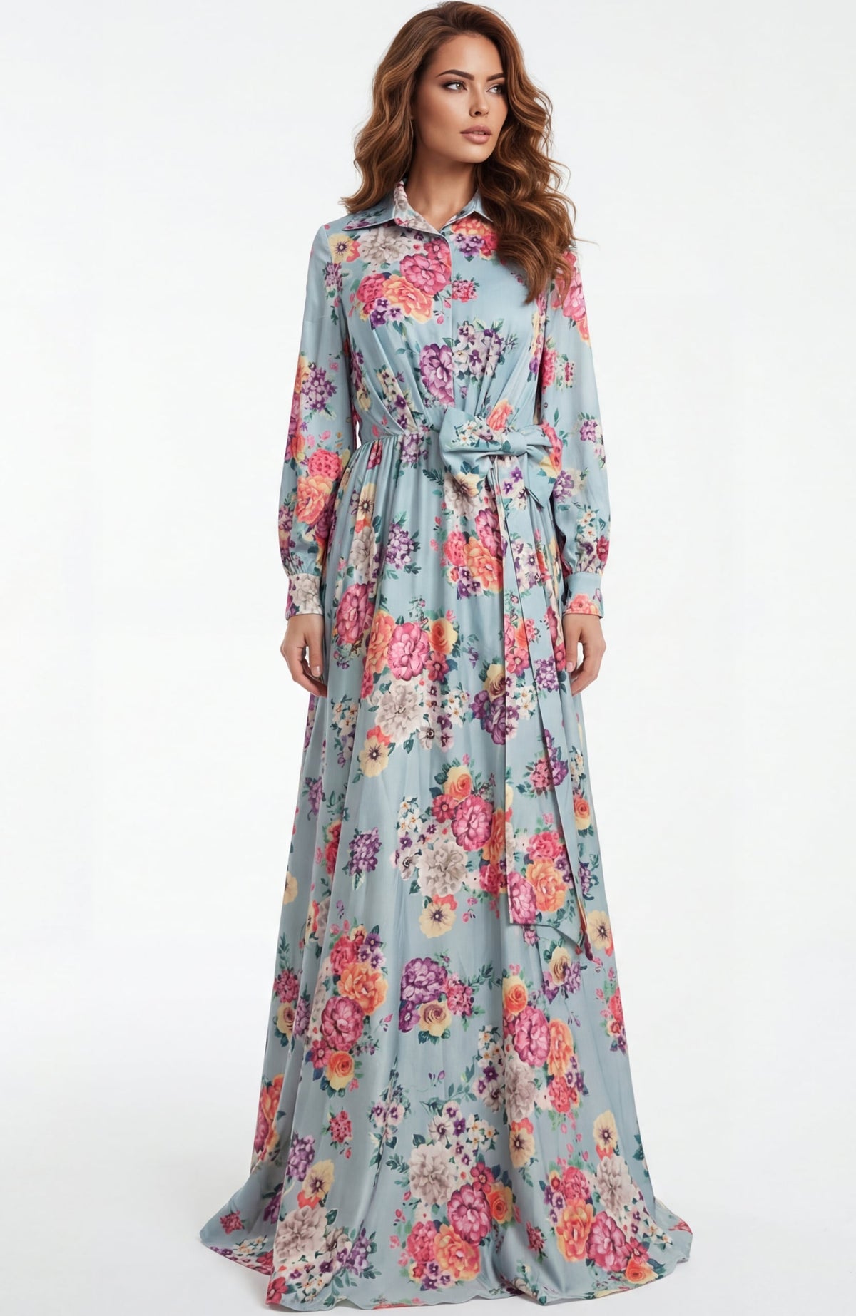 Jovani 49470 Floral Print Long Sleeve Chiffon Gown
