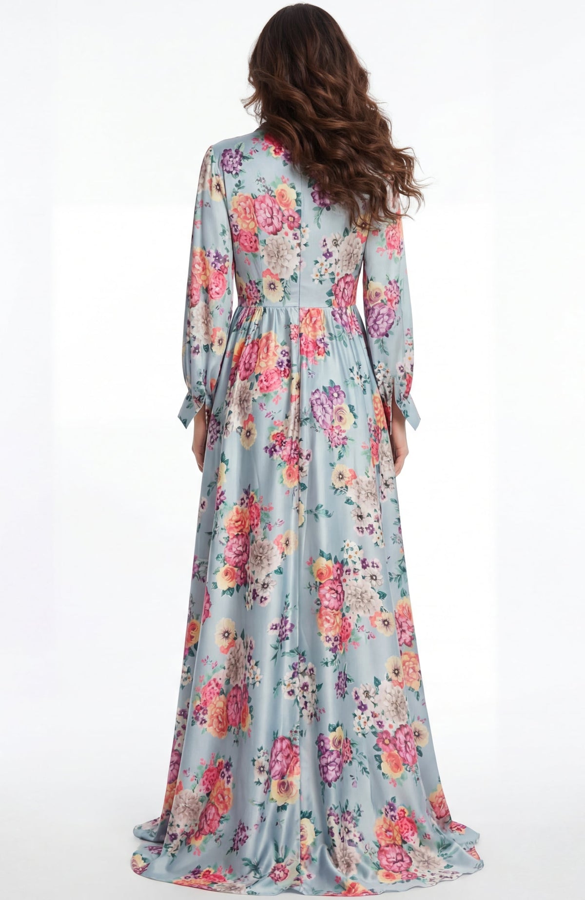 Jovani 49470 Floral Print Long Sleeve Chiffon Gown