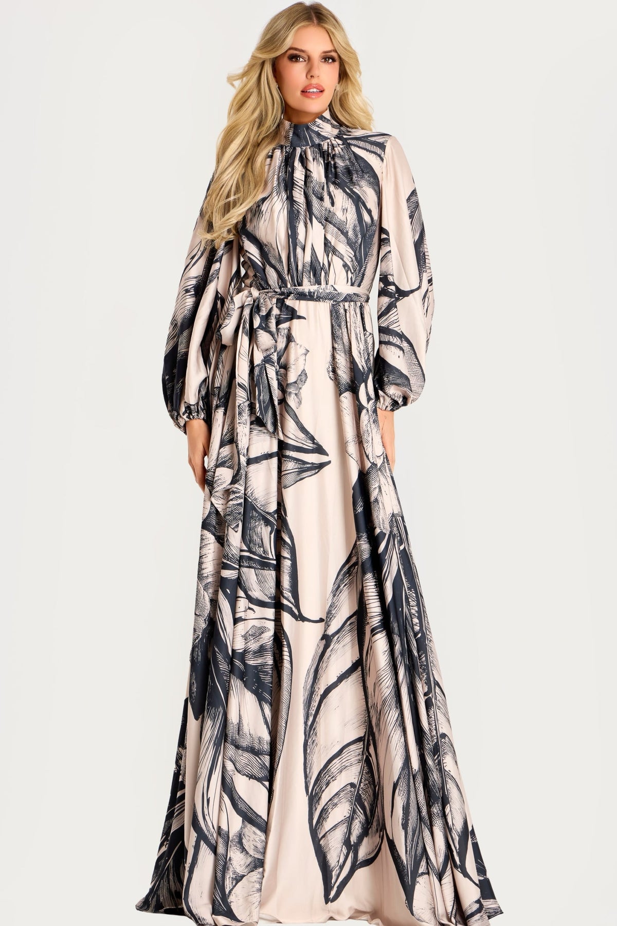 Jovani 49500 High Neck Long Sleeve Floral Satin Gown