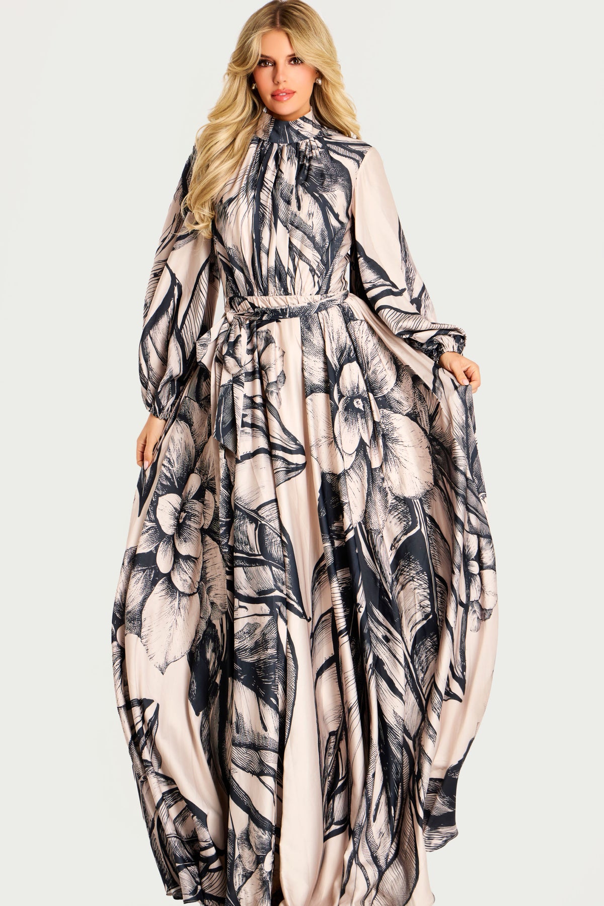 Jovani 49500 High Neck Long Sleeve Floral Satin Gown