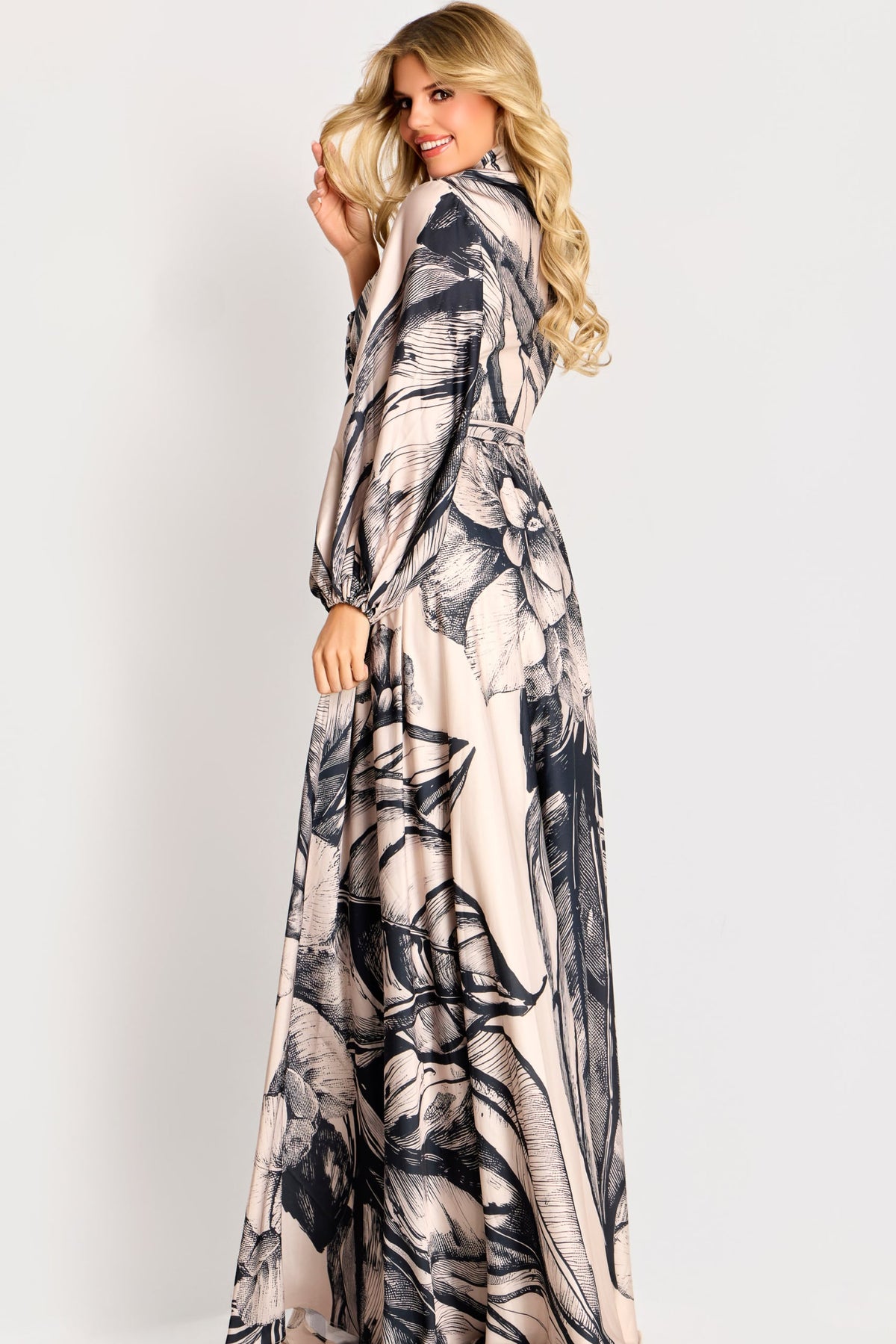 Jovani 49500 High Neck Long Sleeve Floral Satin Gown
