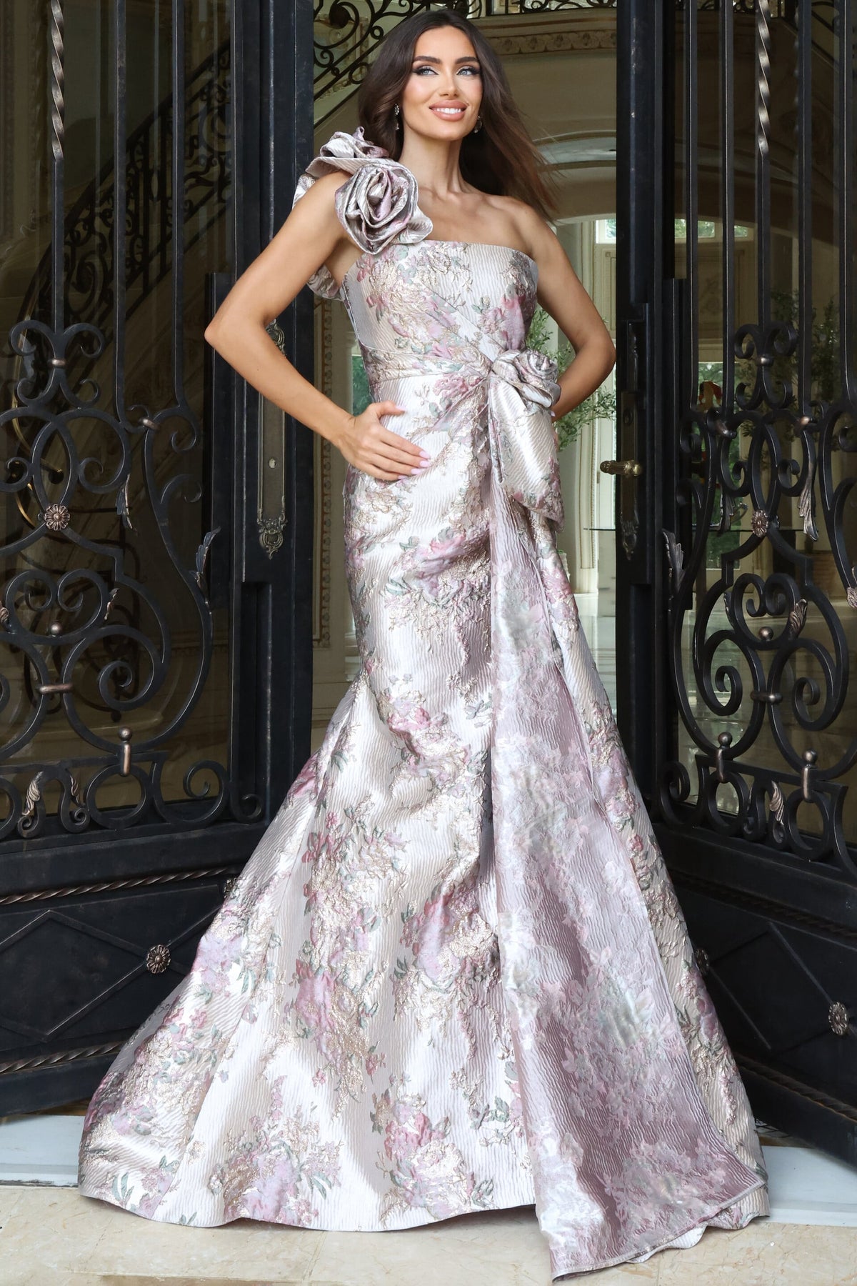 Jovani 49623 Floral Jacquard Mermaid Gown With Rosette