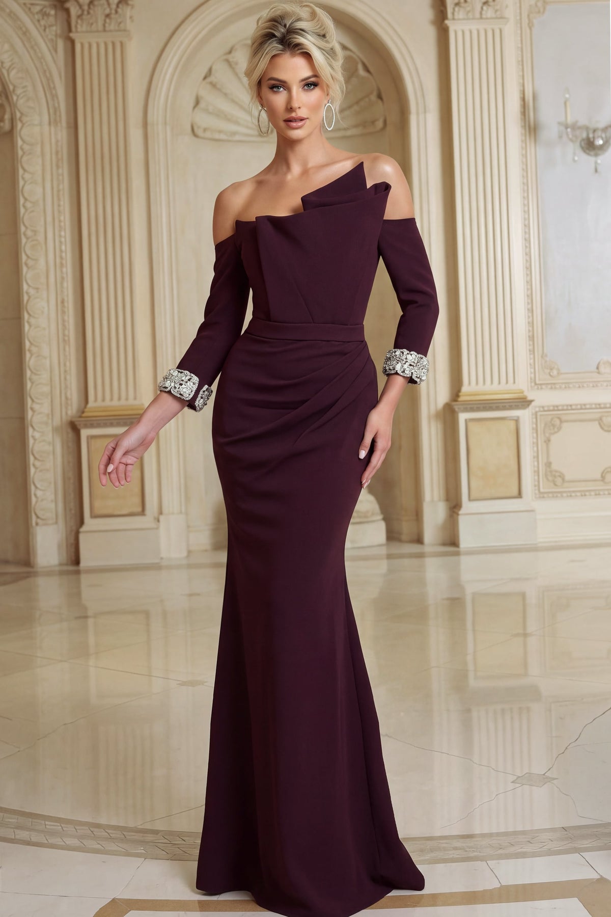 Jovani 49832 Plum Off The Shoulder Gown With Crystal Cuffs