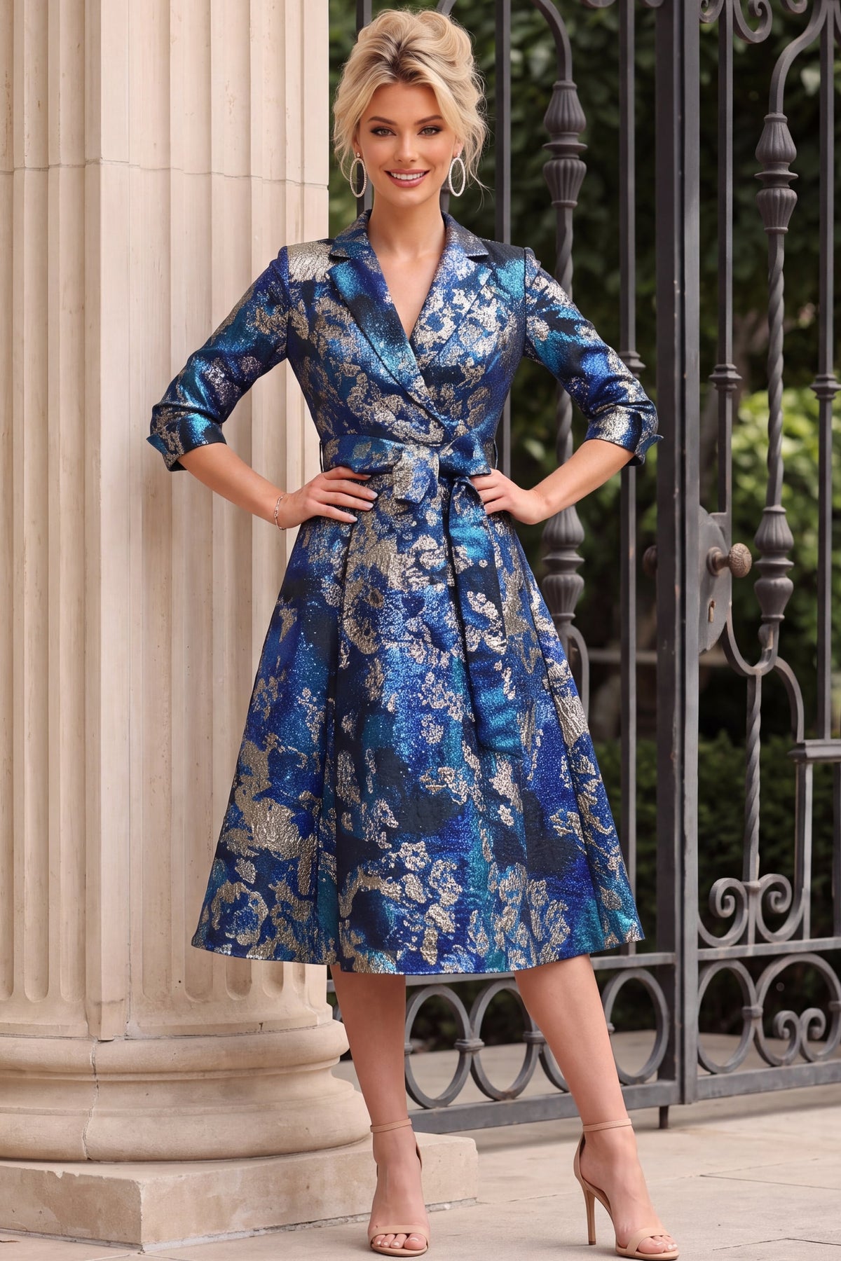 Jovani 50288 Royal Blue Metallic Floral Jacquard Wrap Dress