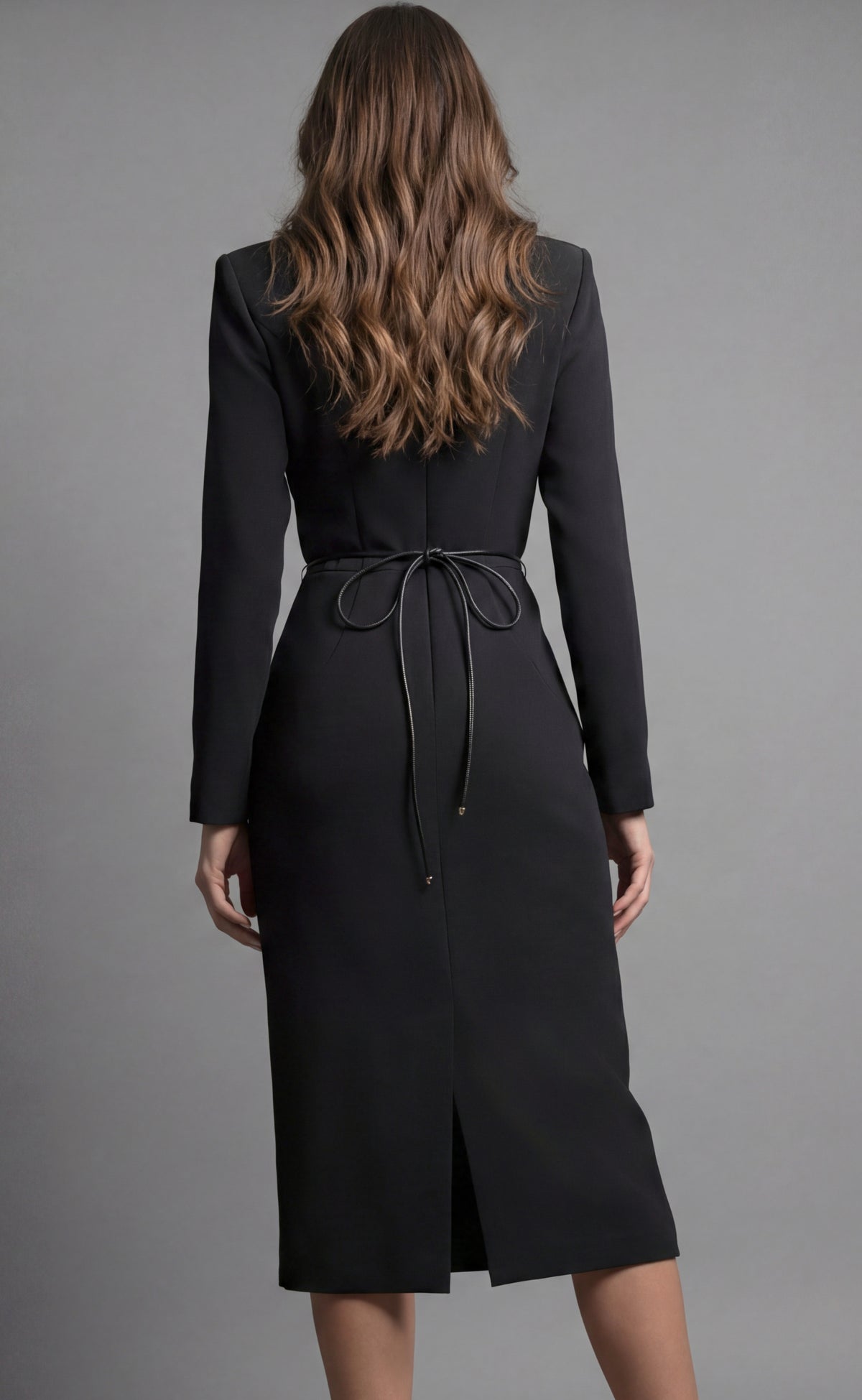 Jovani 51637 Elegant Long Sleeve V Neck Midi Dress With Sculpted Waist
