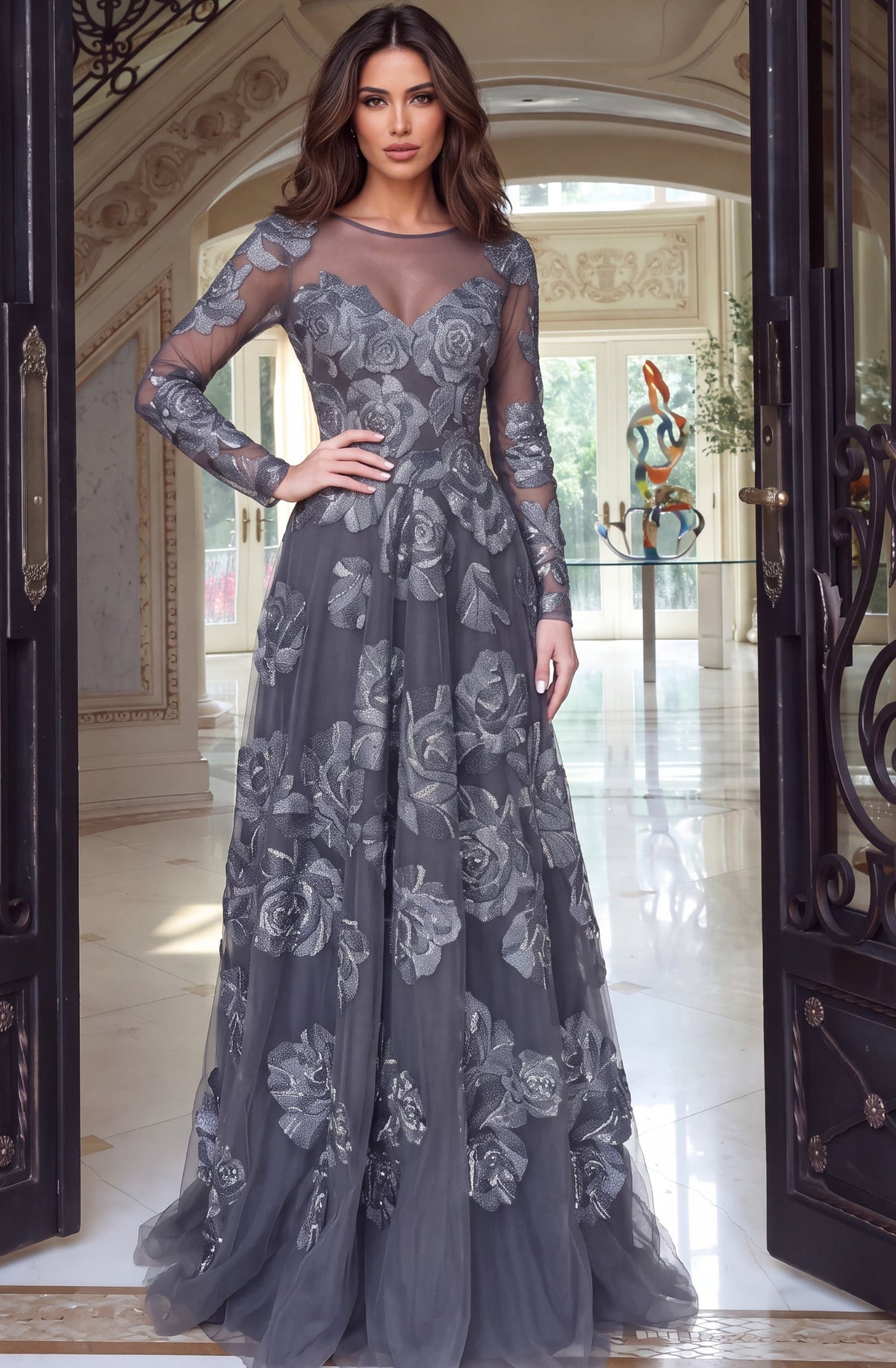 Jovani 52021 Long Sleeve Illusion A Line Gown