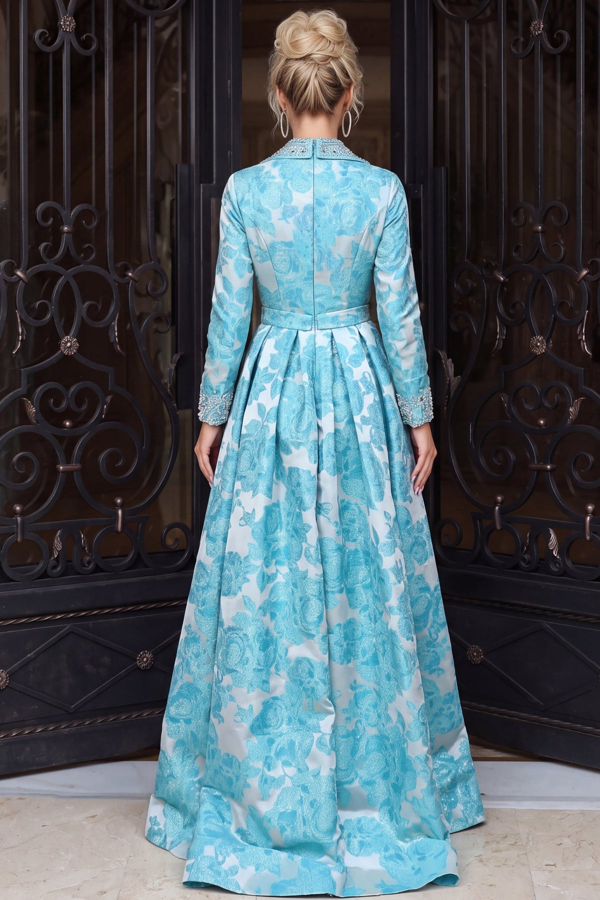 Jovani 52089 Aqua Floral Brocade Long Sleeve Collared A Line Gown