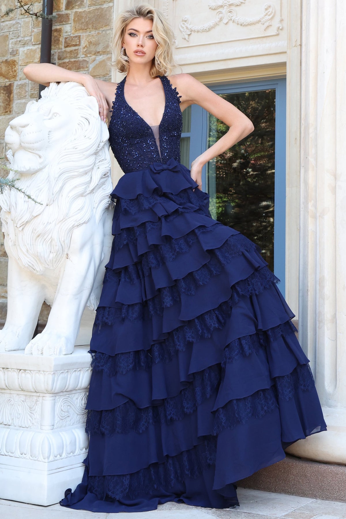Jovani 52157 Halter Beaded Bodice Tiered Chiffon Slit Gown