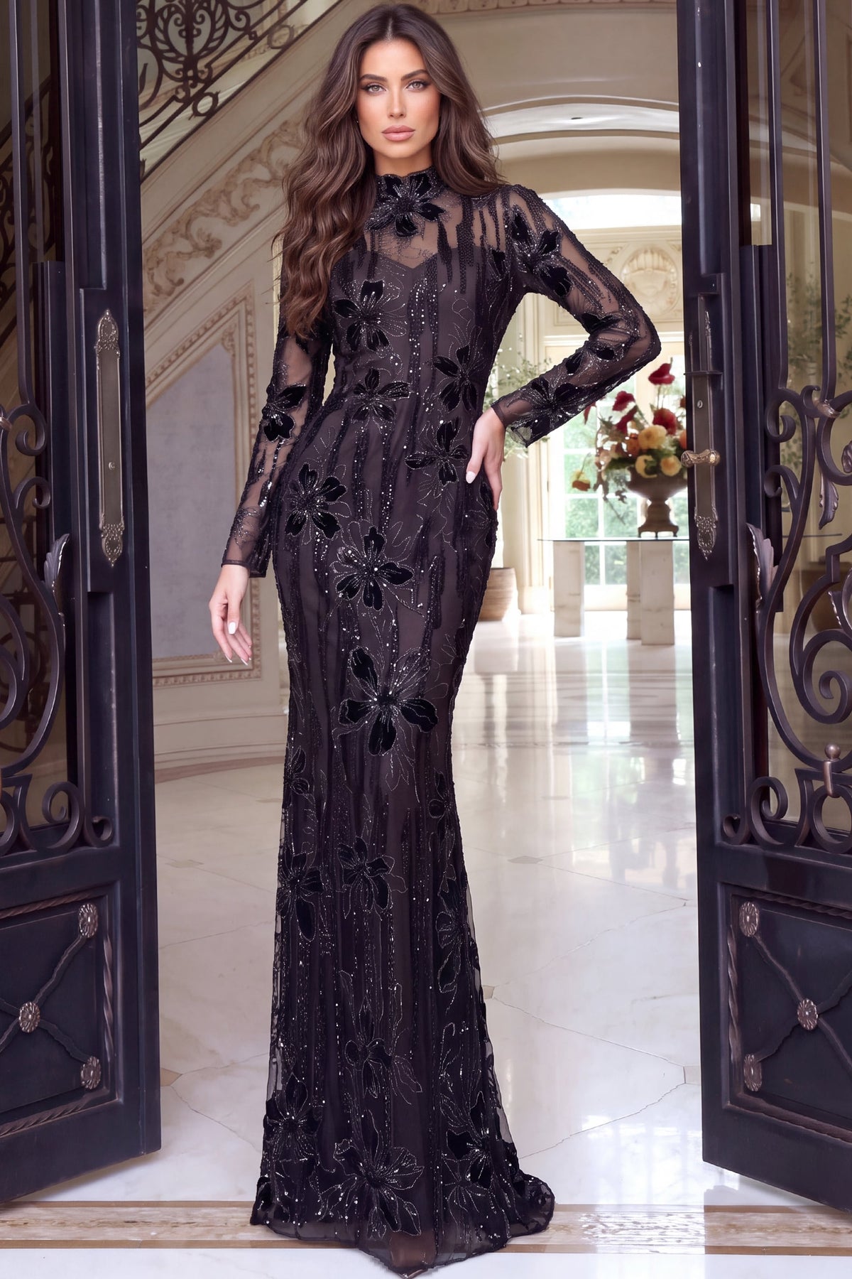 Jovani 52371 High Neck Illusion Gown With Floral Beading