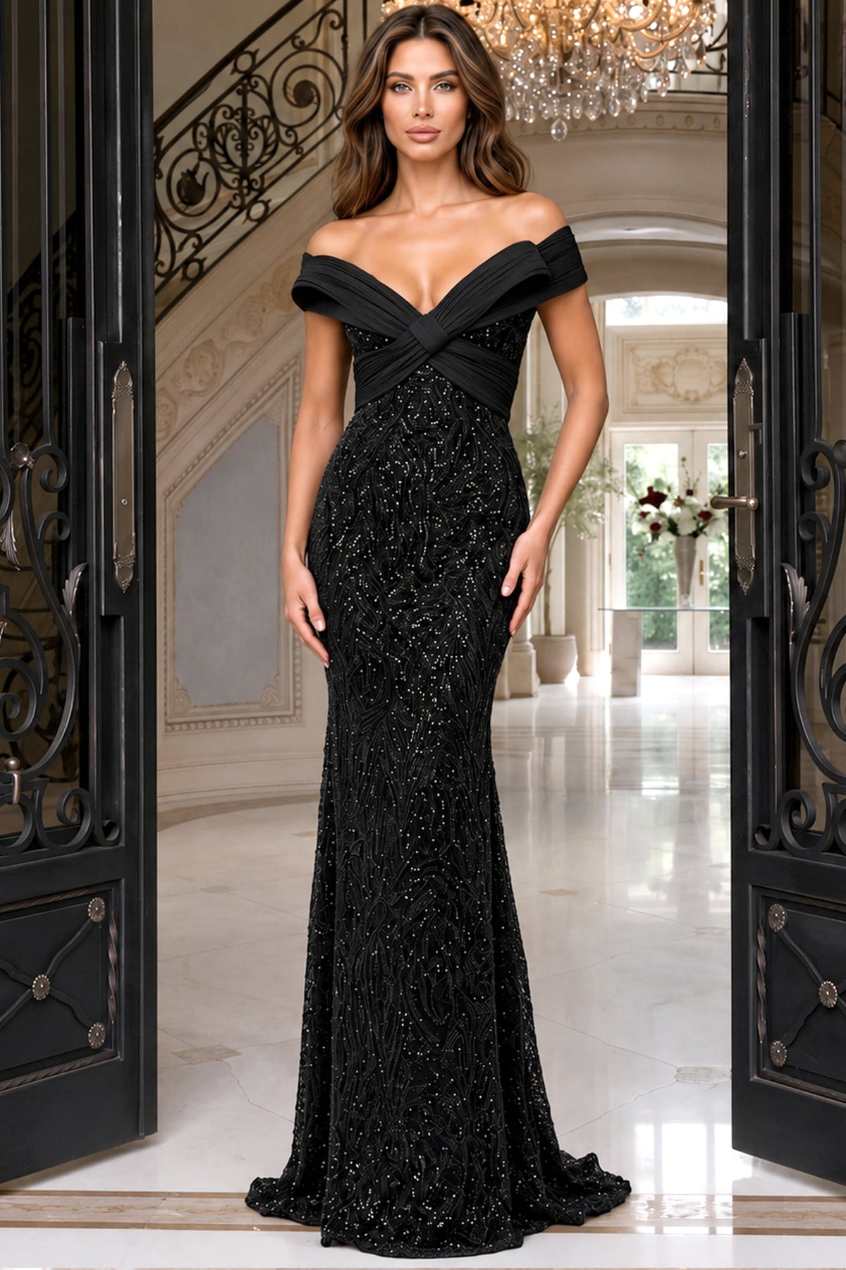 Jovani 52678 Black Sequin Off The Shoulder Ruched Gown