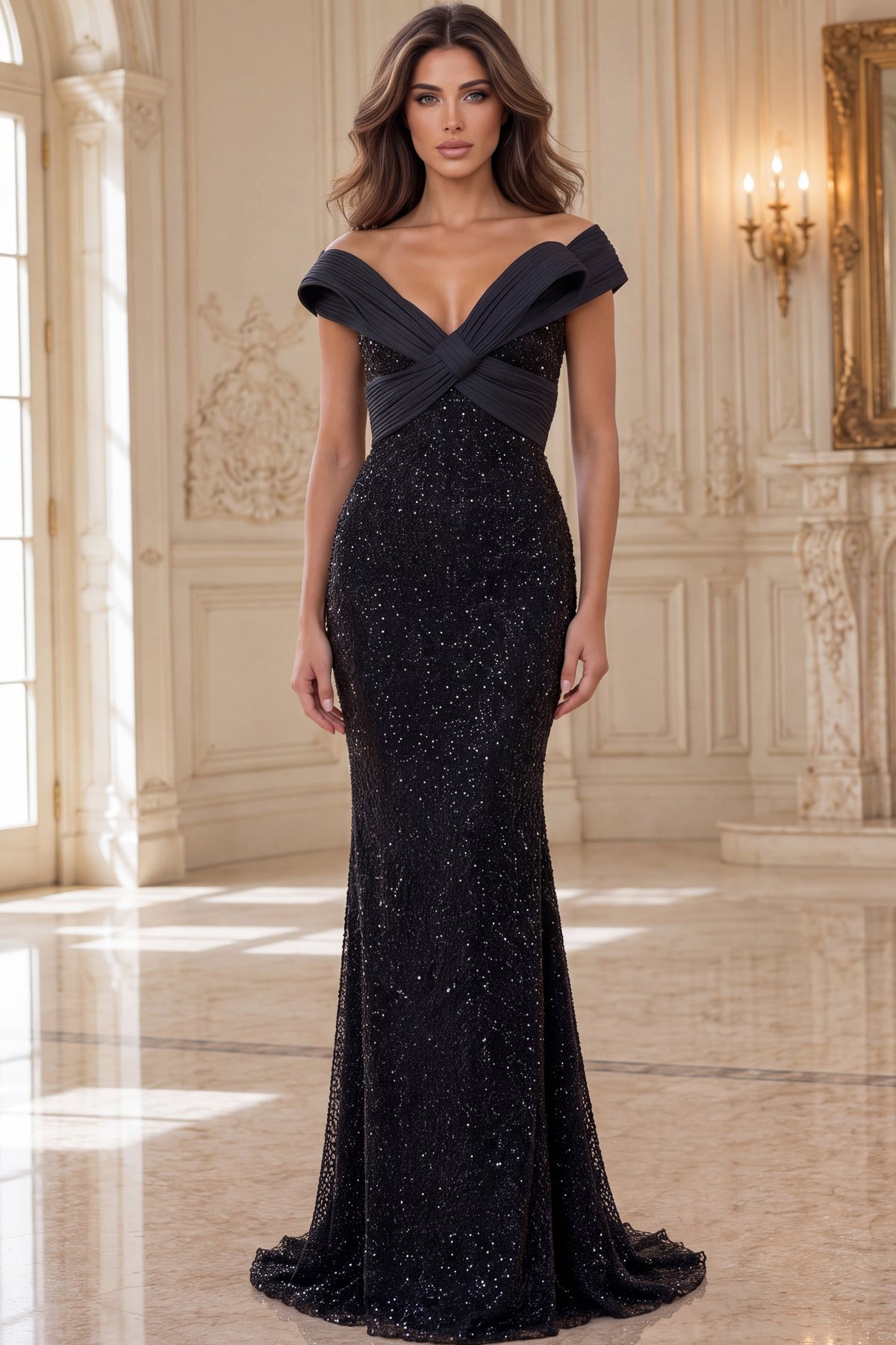 Jovani 52678 Black Sequin Off The Shoulder Ruched Gown