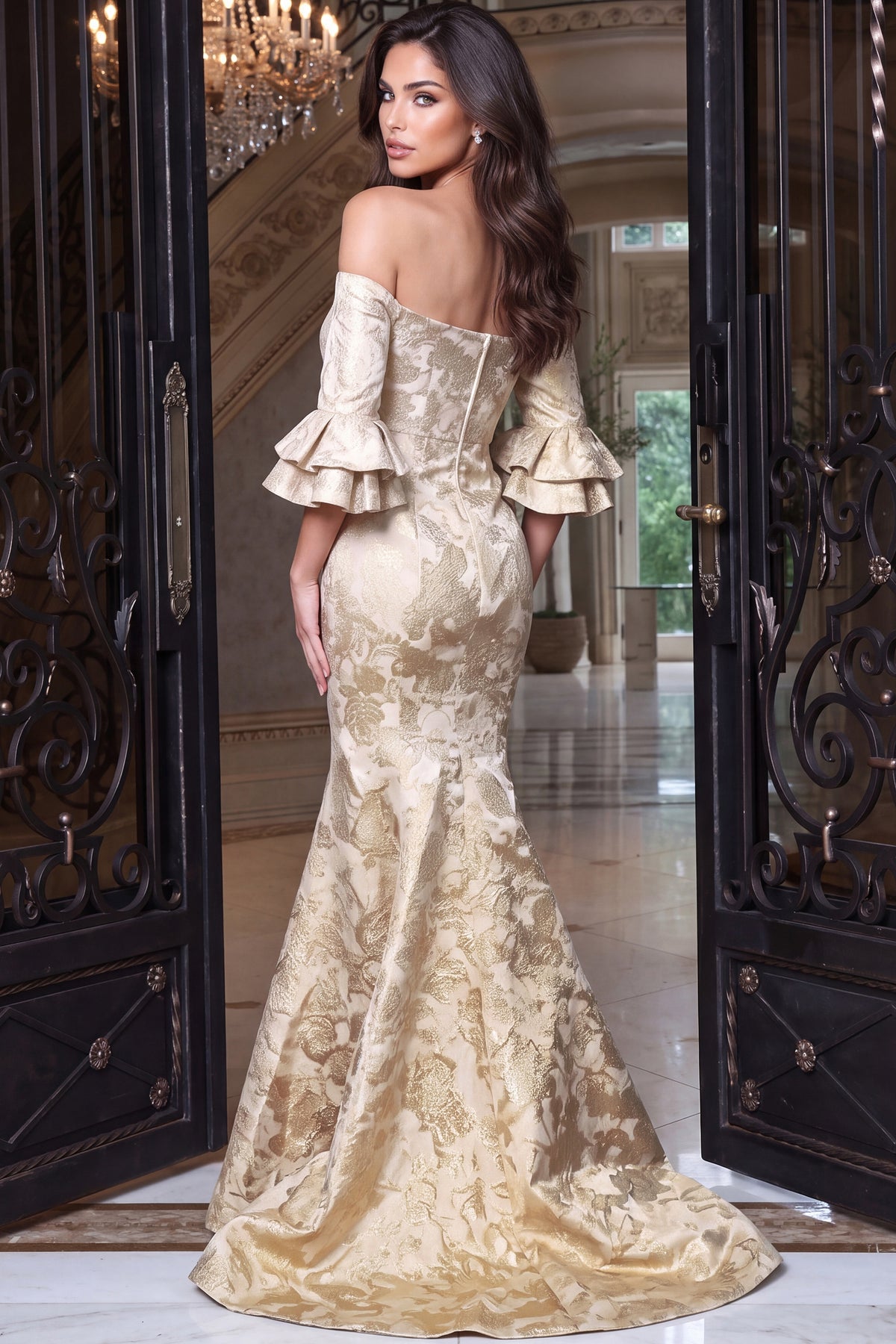 Jovani 52823 Off Shoulder Jacquard Mermaid Gown