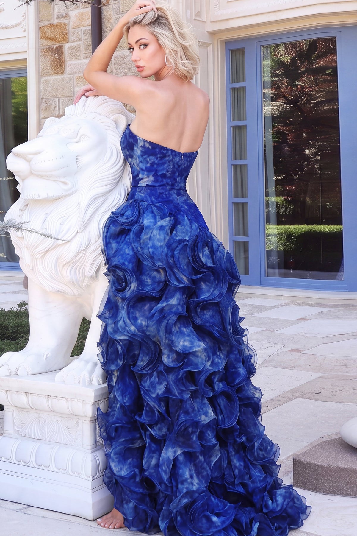 Jovani 52874 Strapless Organza Rosette Ruffled Tiered Gown