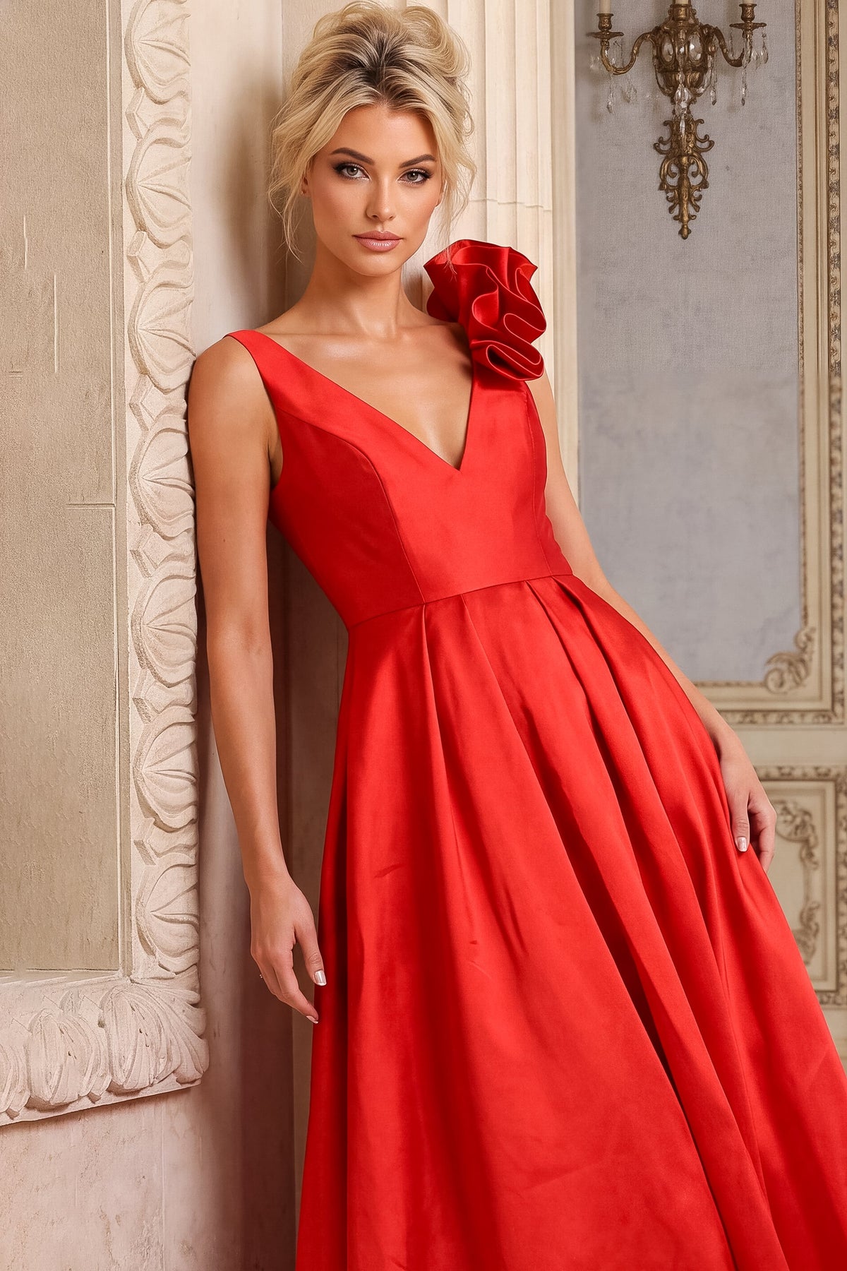 Jovani 53137 V-Neck One-Shoulder Ruffle A-Line Gown
