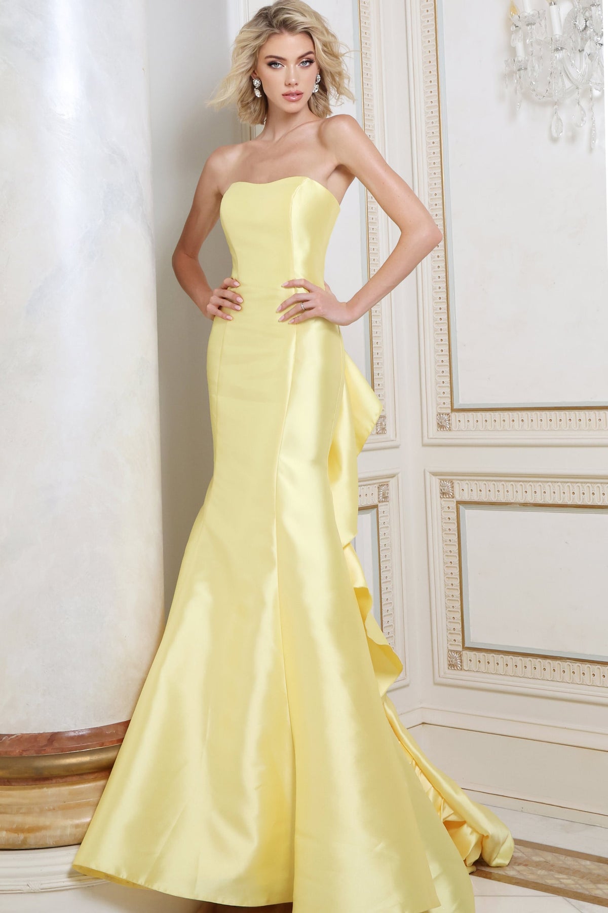 Jovani 53235 Strapless Cascading Back Ruffle Satin Mermaid Gown