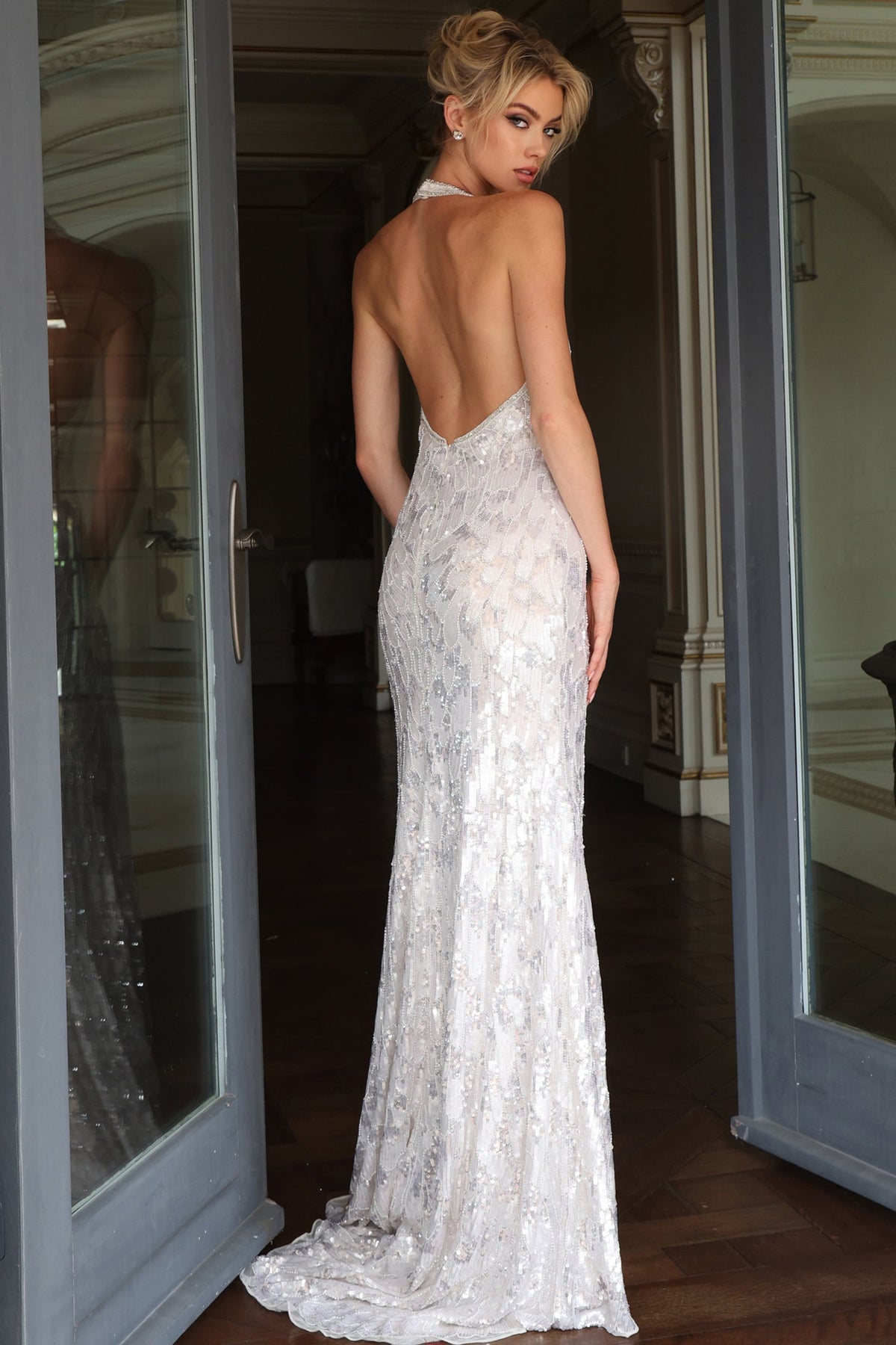 Jovani 53282 Halter Plunge Sequin Embroidered Column Gown