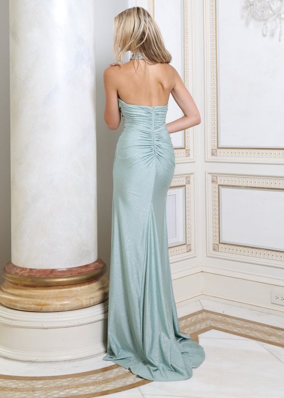 Jovani 53320 Strapless Ruched Shimmer Slit Gown With Necklace