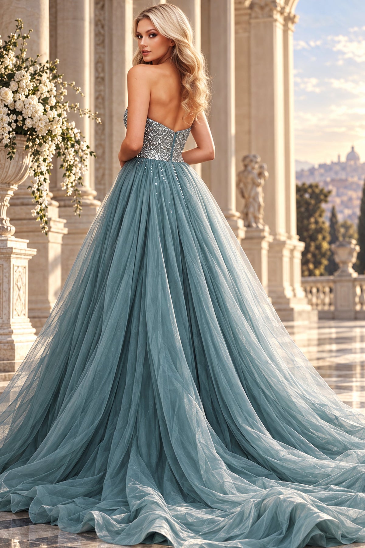 Jovani 53338 Strapless Plunge V Neck Beaded Fitted Gown With Overskirt