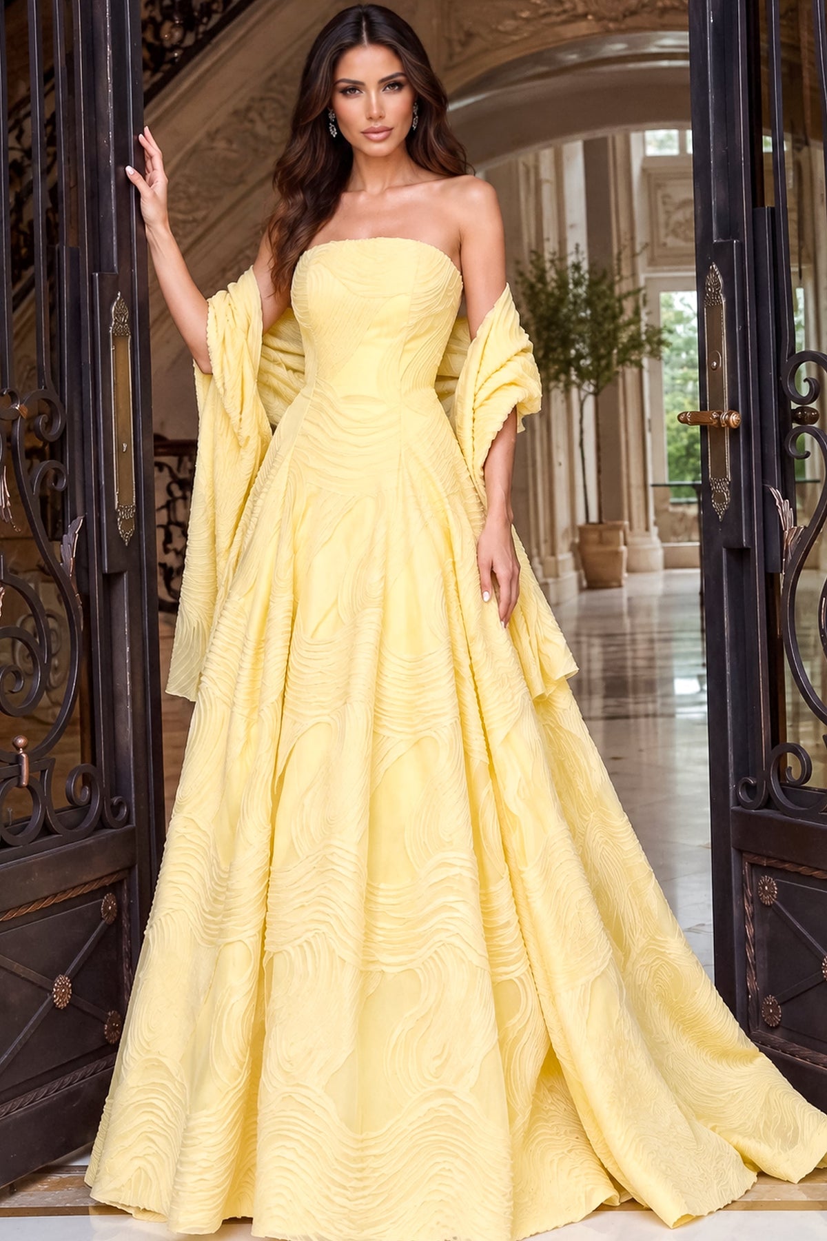 Jovani 53366 Yellow Strapless Textured Ball Gown