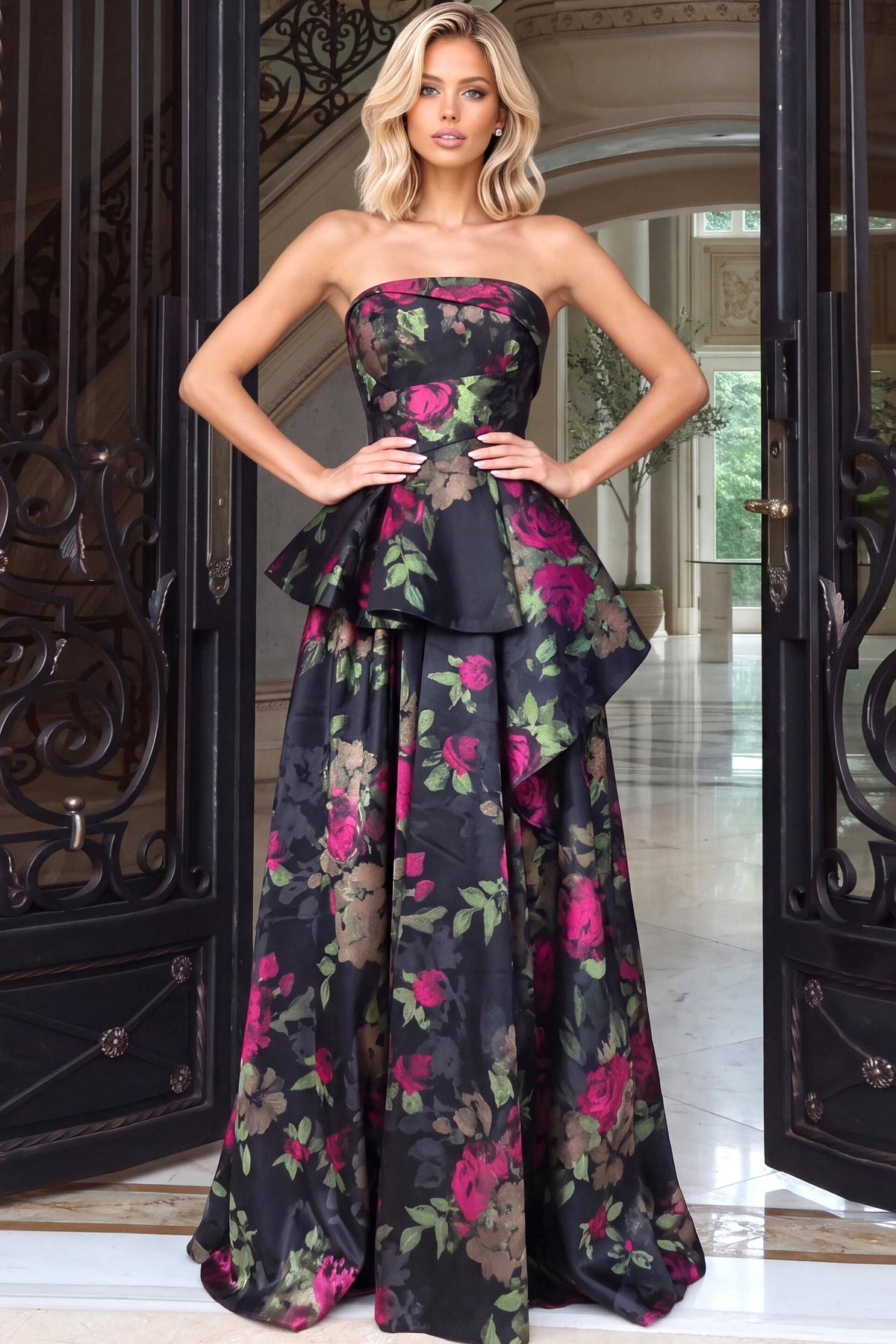 Jovani 53371 Strapless Floral Print Peplum Ball Gown