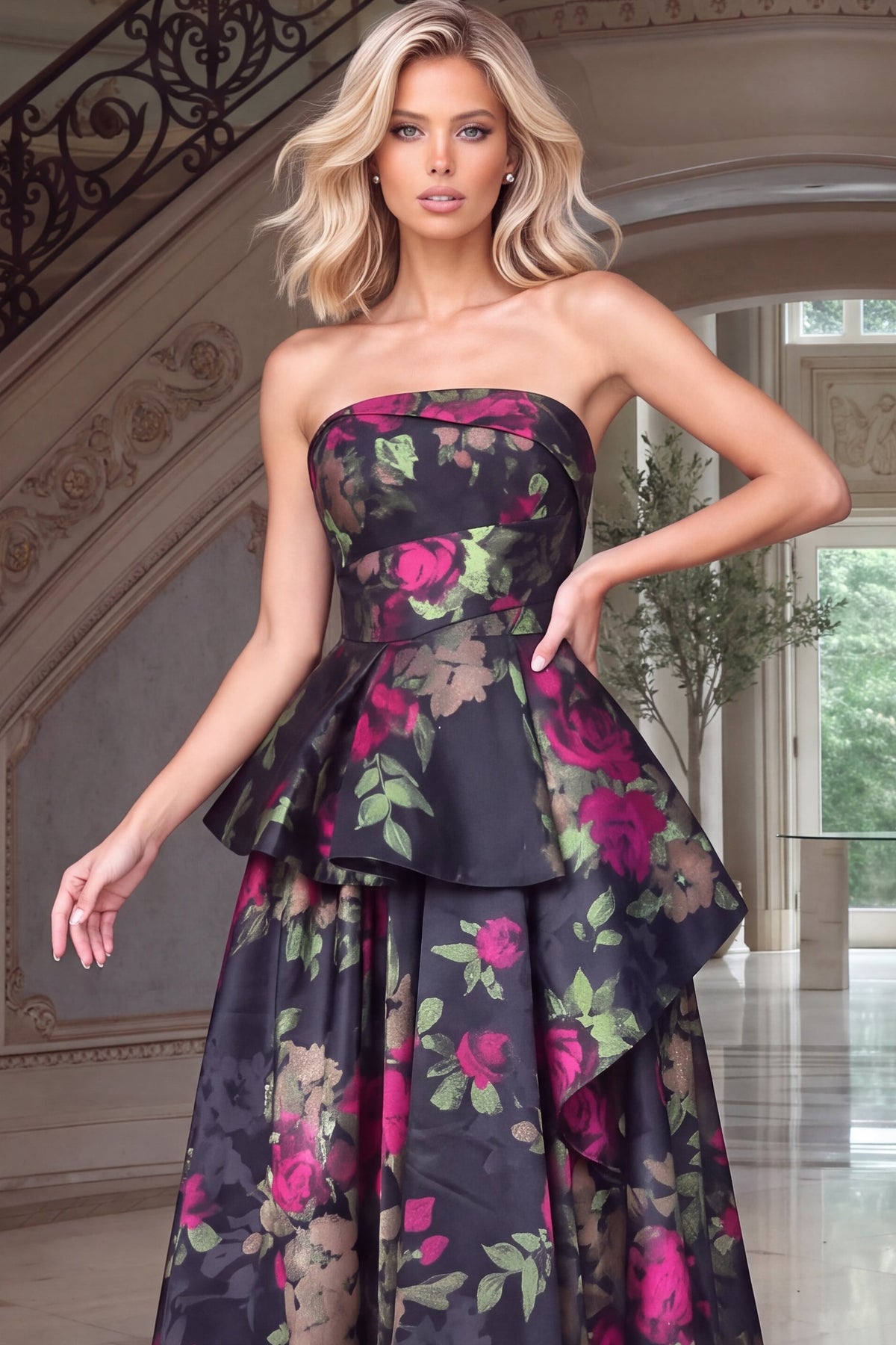 Jovani 53371 Strapless Floral Print Peplum Ball Gown