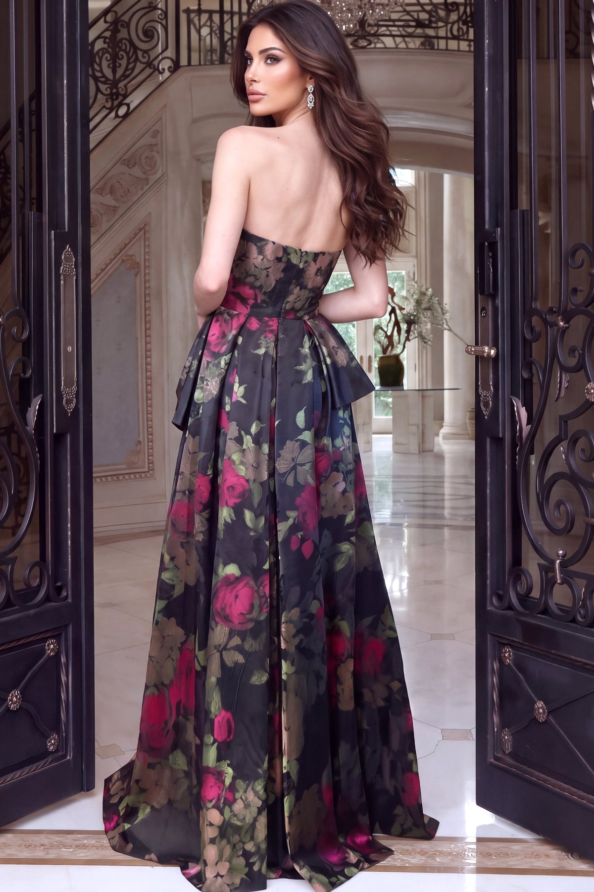 Jovani 53371 Strapless Floral Print Peplum Ball Gown