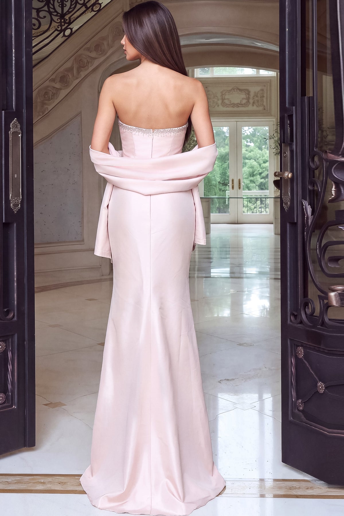 Jovani 53374 Strapless Crystal Trim Column Gown