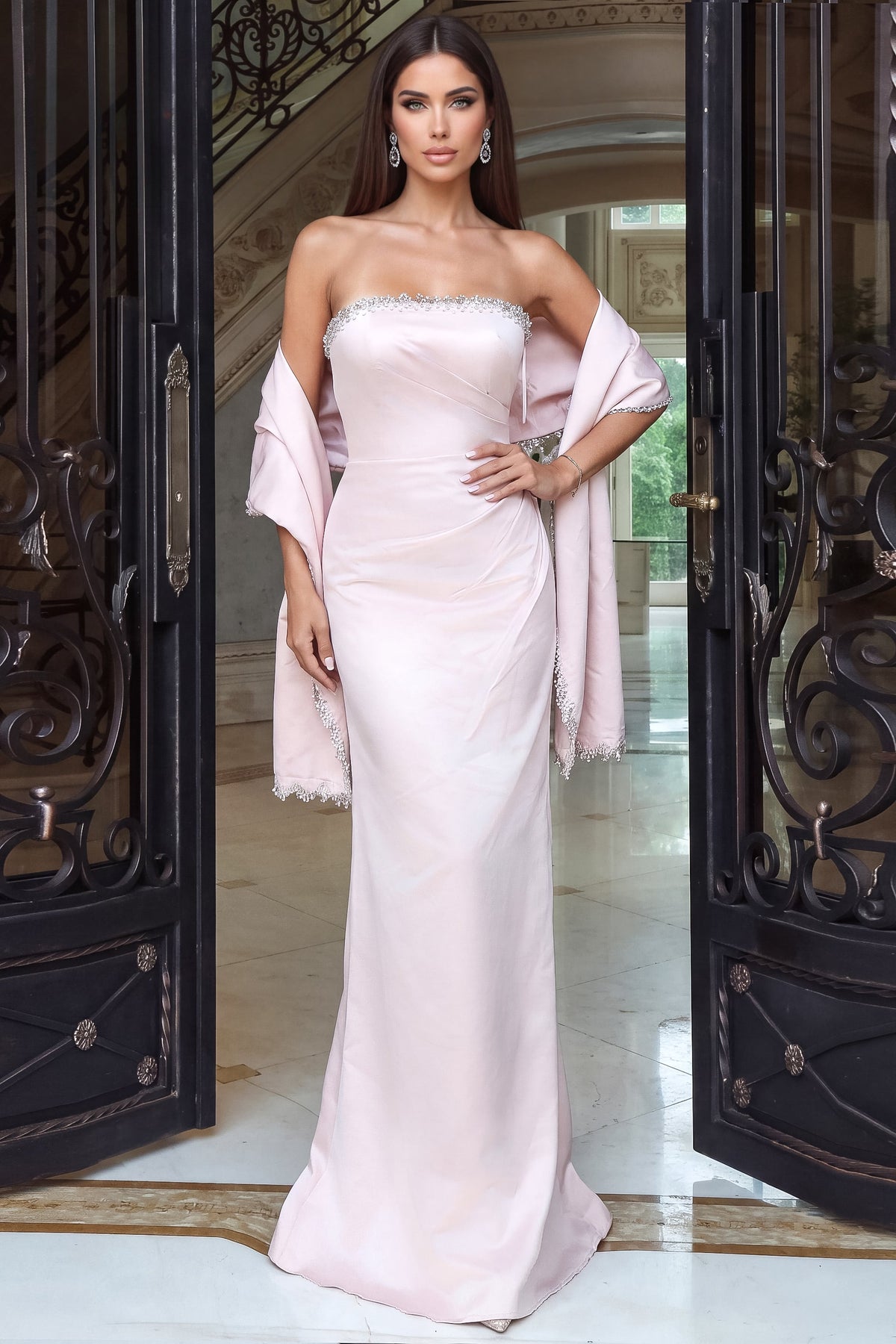 Jovani 53374 Strapless Crystal Trim Column Gown