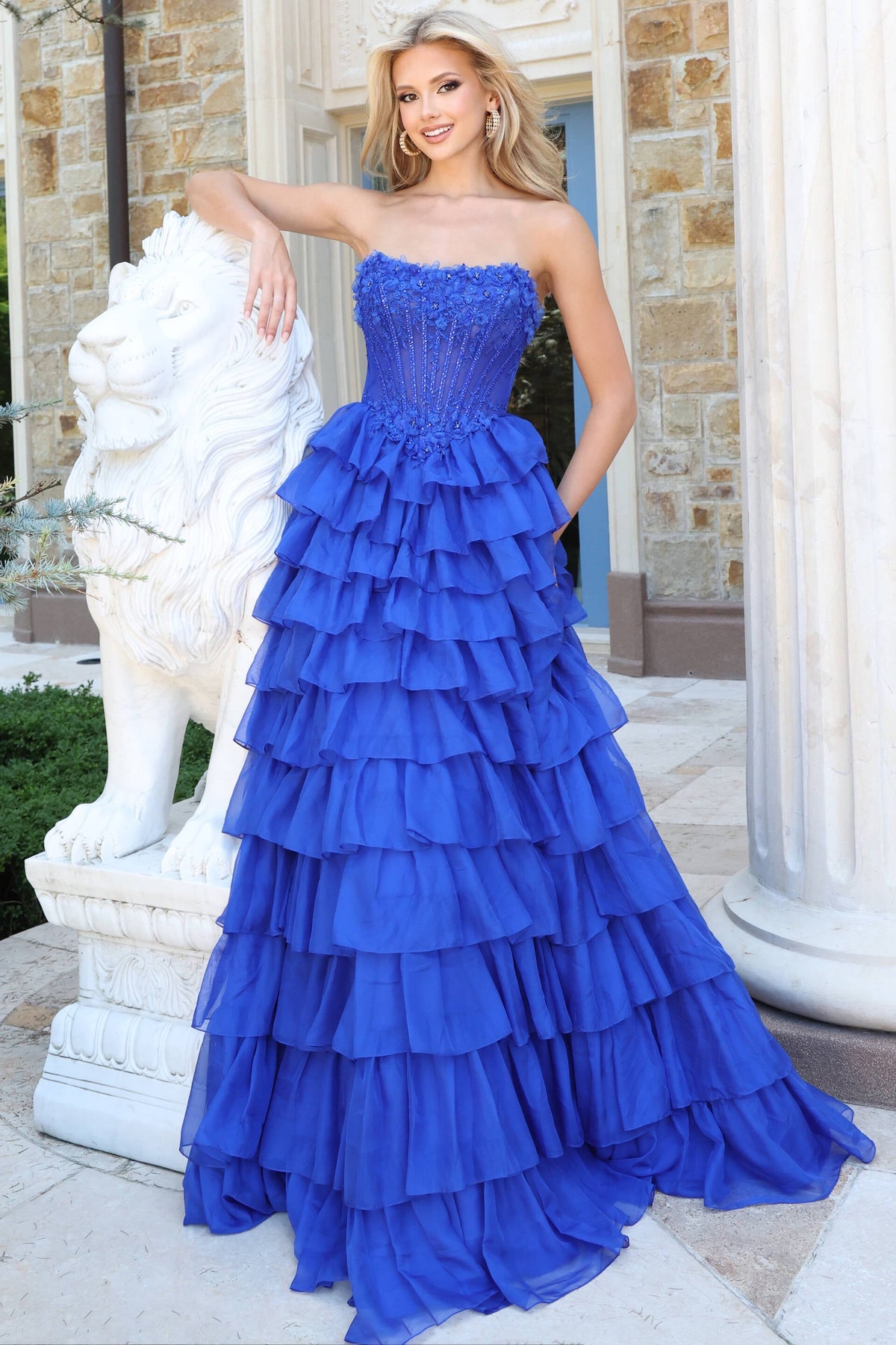 Jovani 53444 Strapless Beaded Corset Tiered Ruffle Ball Gown