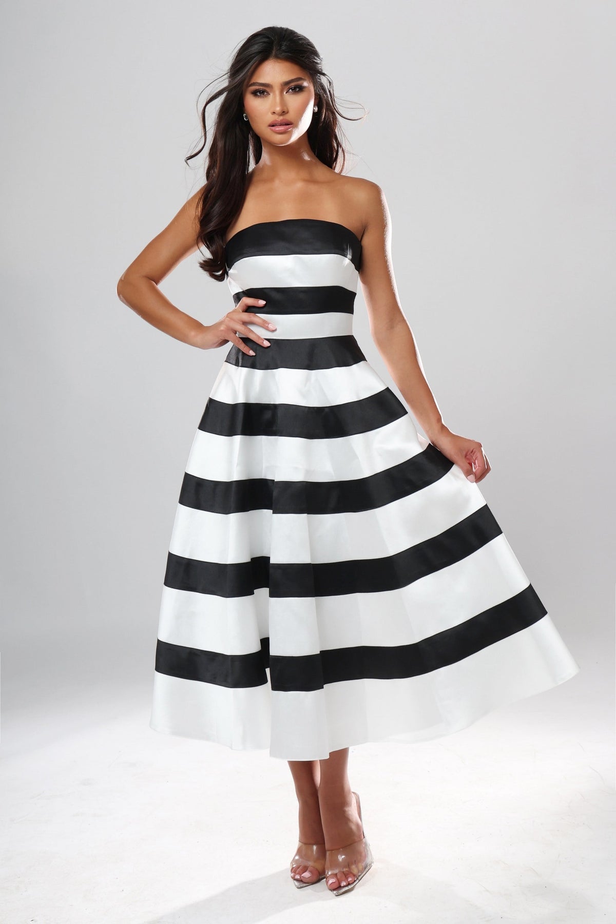 Jovani 53462 Black And White Strapless Striped A-Line Midi Dress