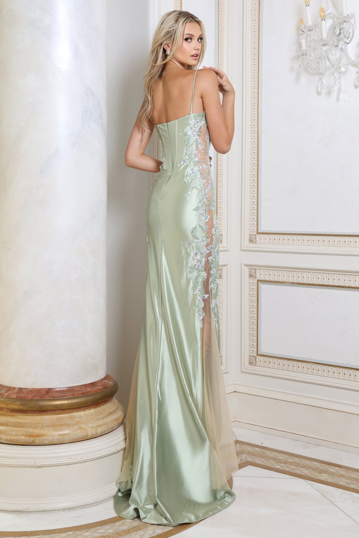 Jovani 53473 Spaghetti Strap Corset Floral Applique Satin Sheath Gown