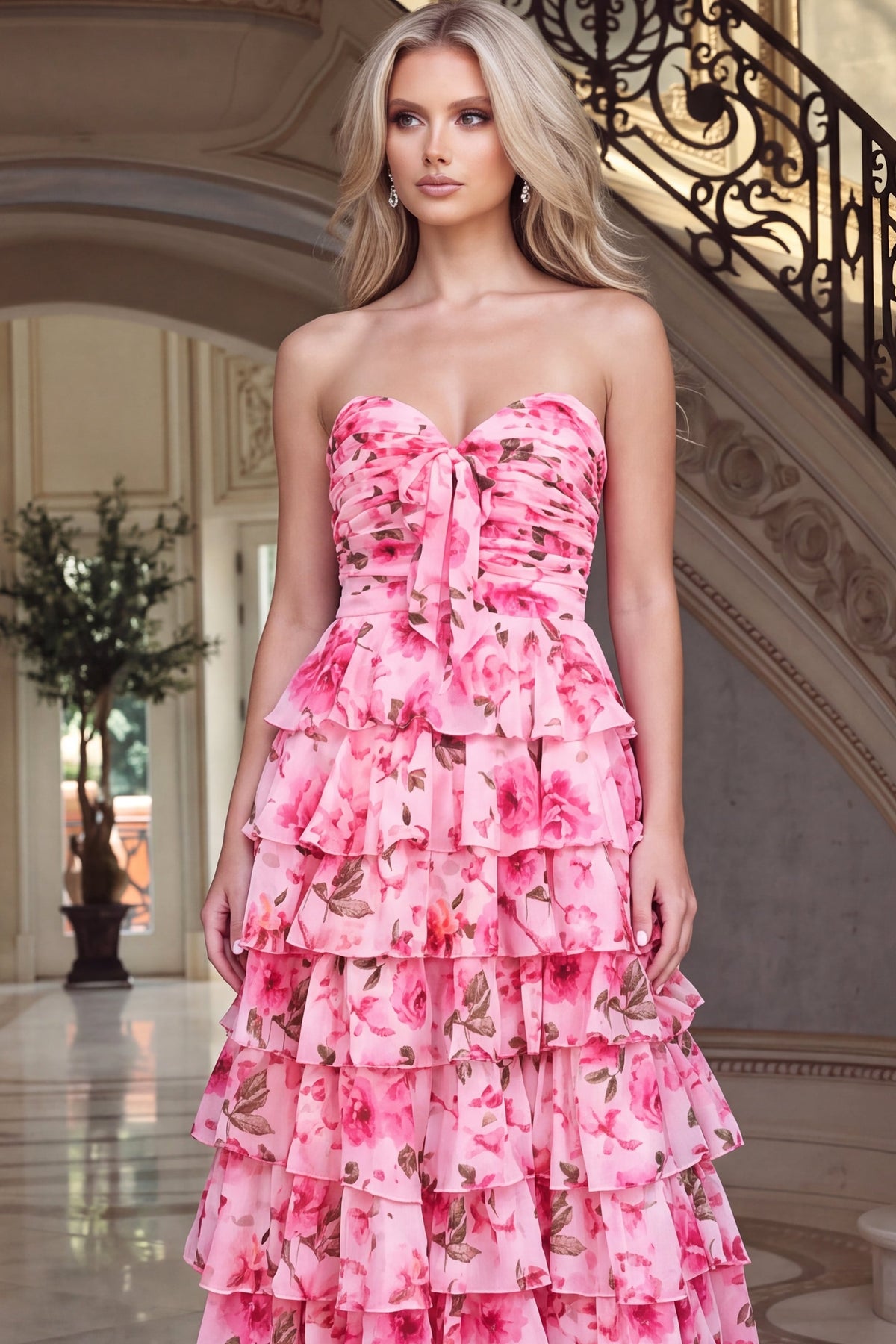 Jovani 53486 Strapless Sweetheart Floral Print Tiered Ruffle Gown