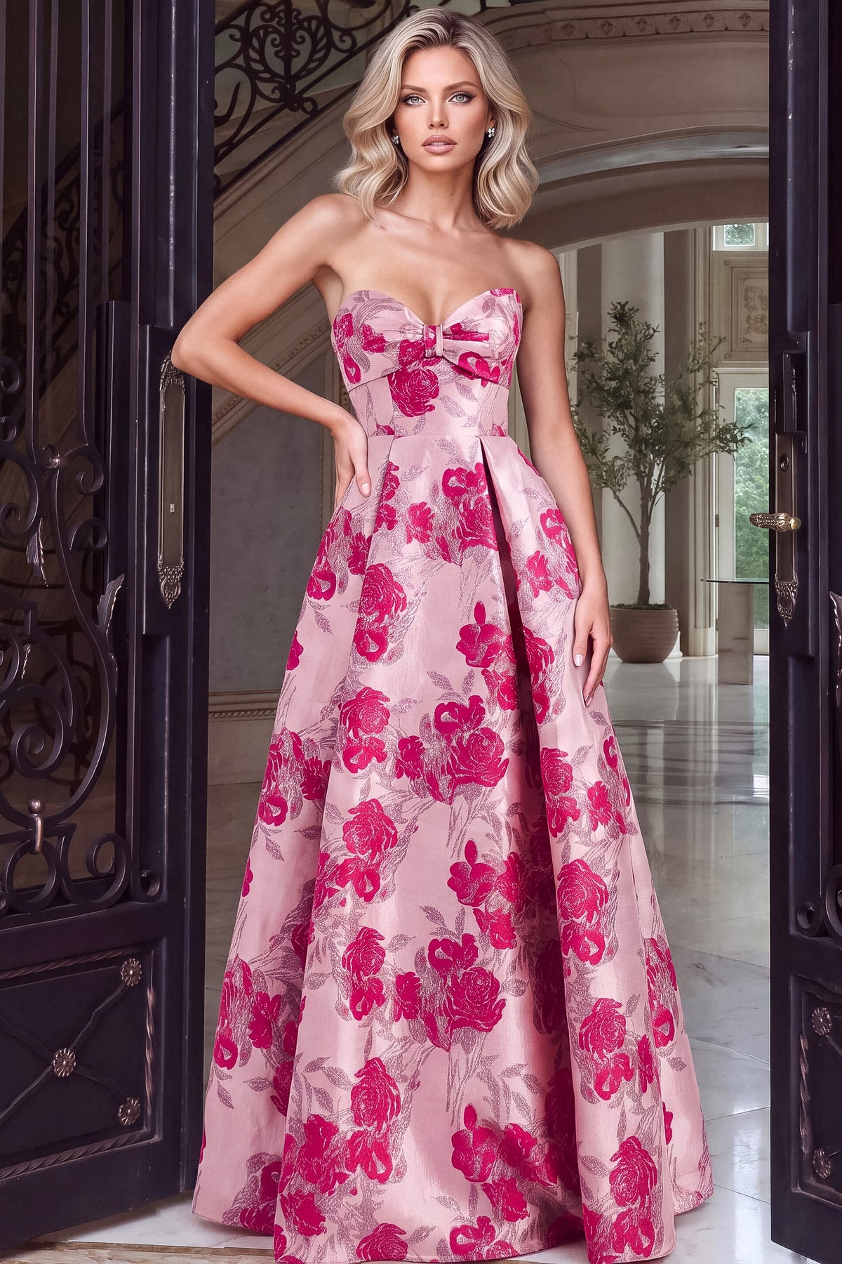 Jovani 53509 Sweetheart Bow Front Brocade Ball Gown