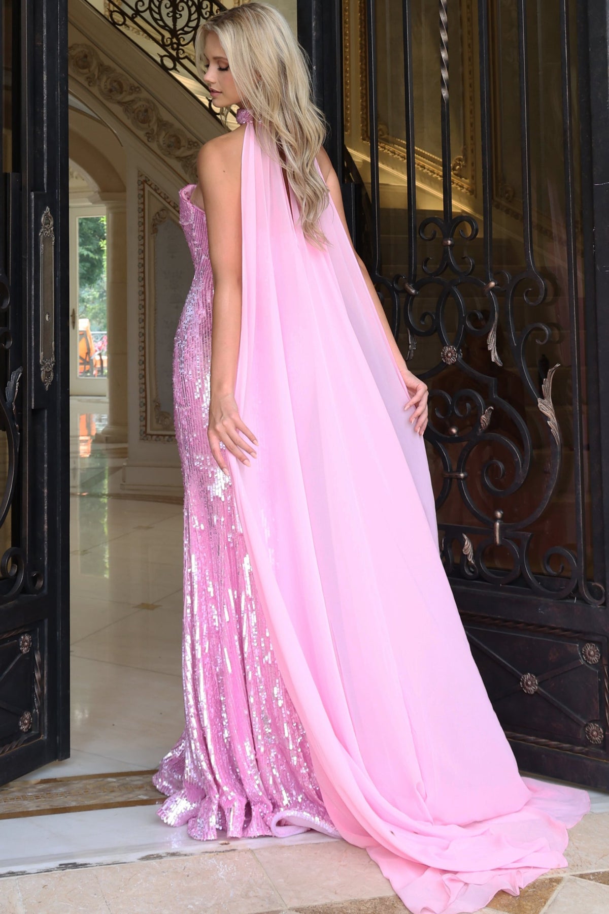 Jovani 53723 Strapless Sequin Gown With Chiffon Cape