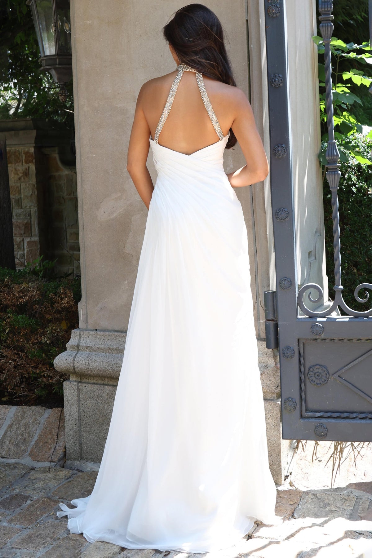 Jovani 53868 Halter Beaded Collar Keyhole Chiffon High Slit Gown