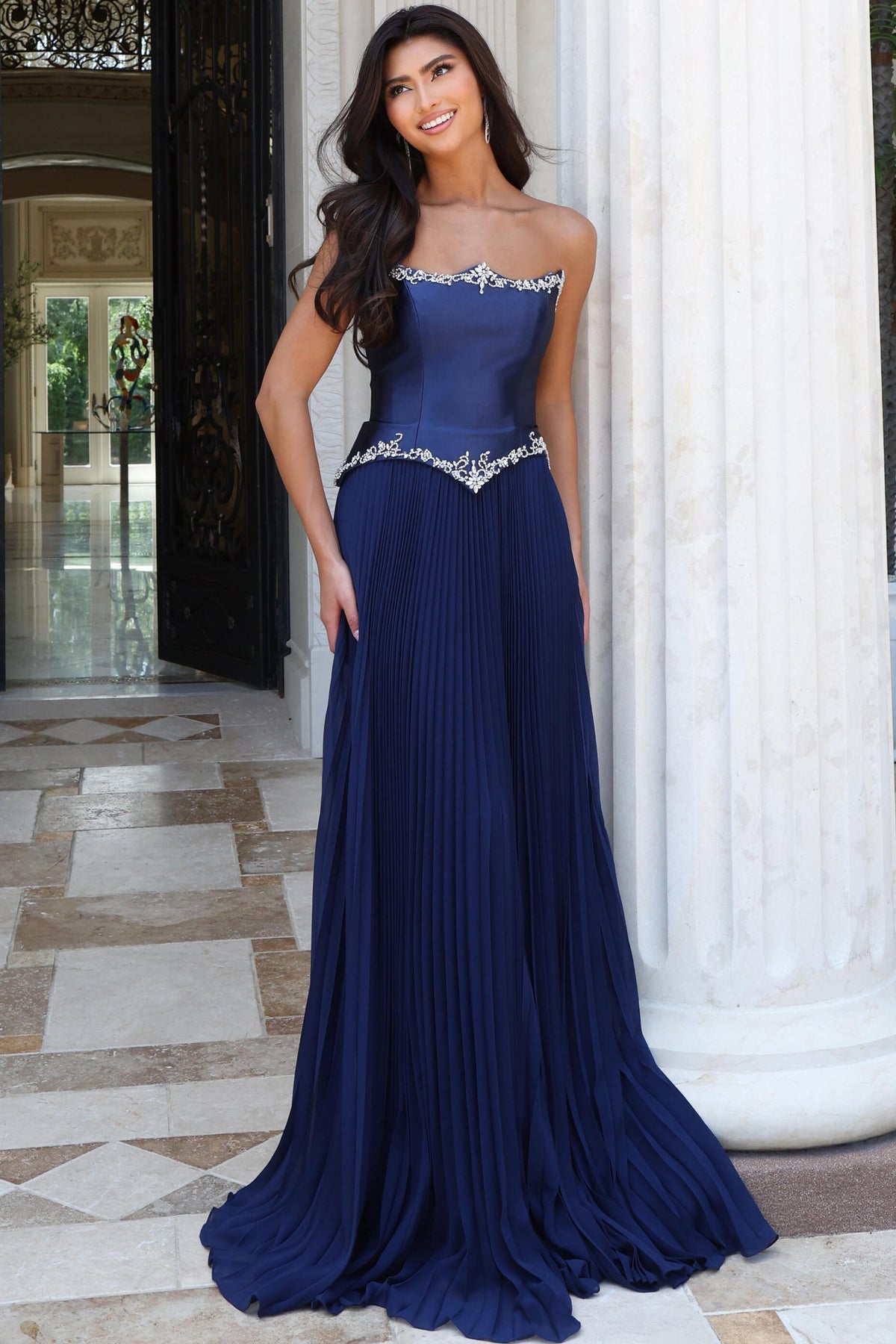 Jovani 53905 Strapless Beaded Trim Pleated Satin A Line Gown