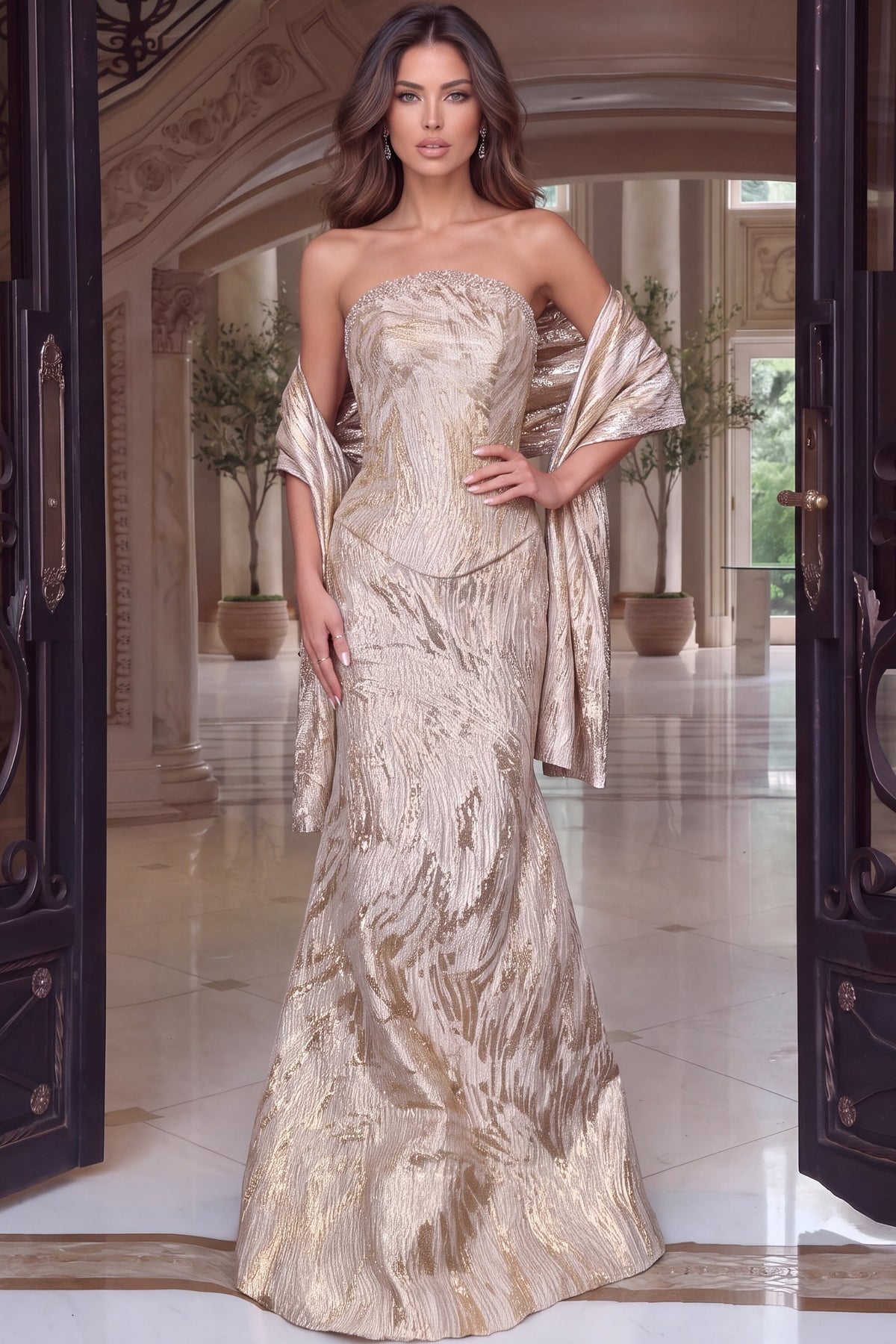 Jovani 53919 Strapless Metallic Brocade Mermaid Gown