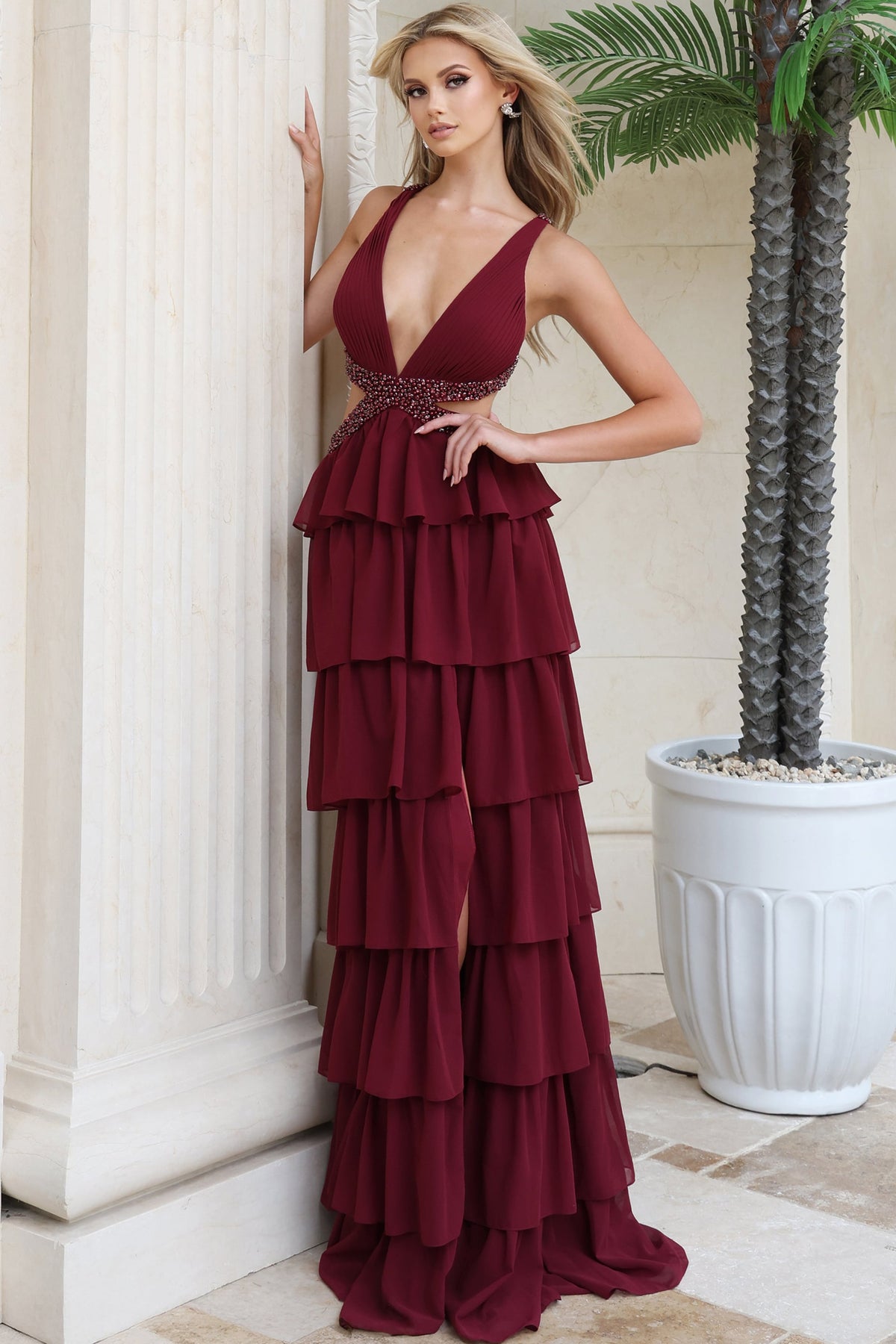 Jovani 54029 Plunging V Neck Beaded Waist Tiered Chiffon Gown