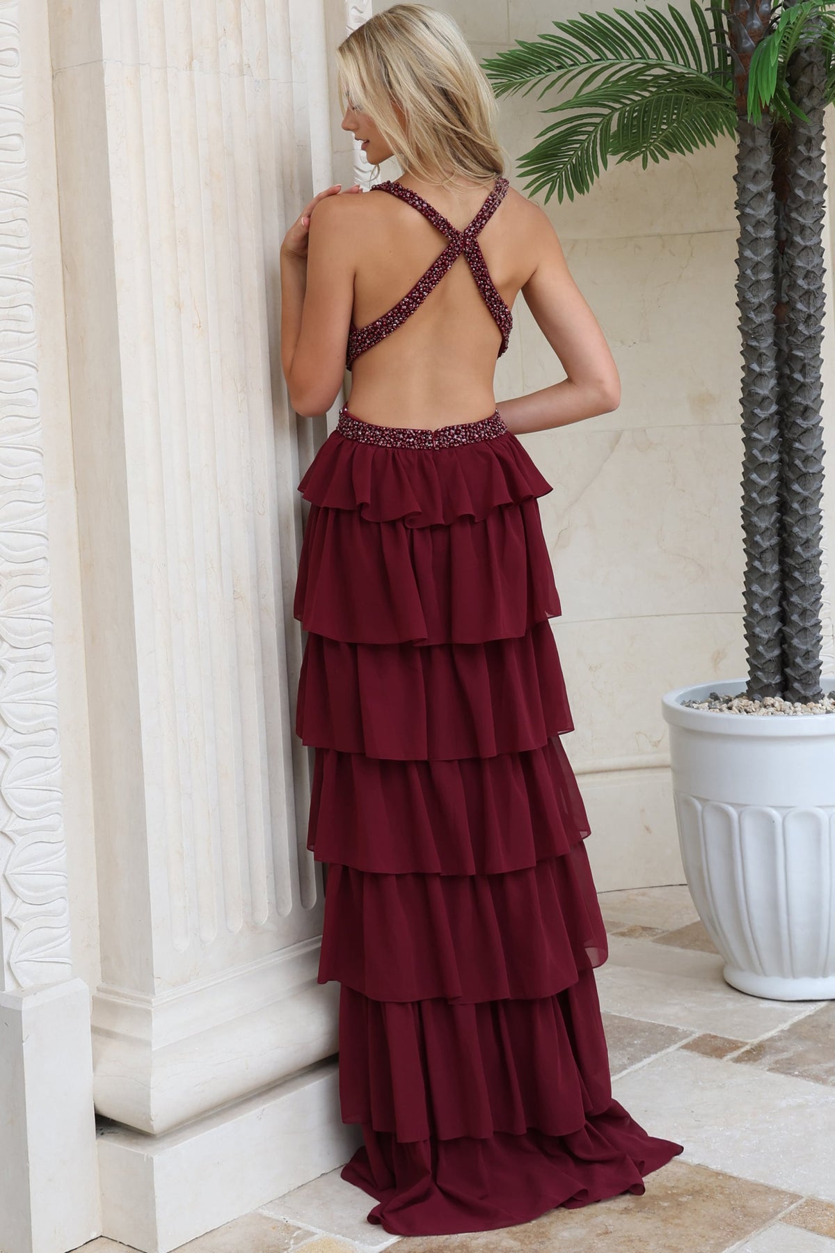 Jovani 54029 Plunging V Neck Beaded Waist Tiered Chiffon Gown